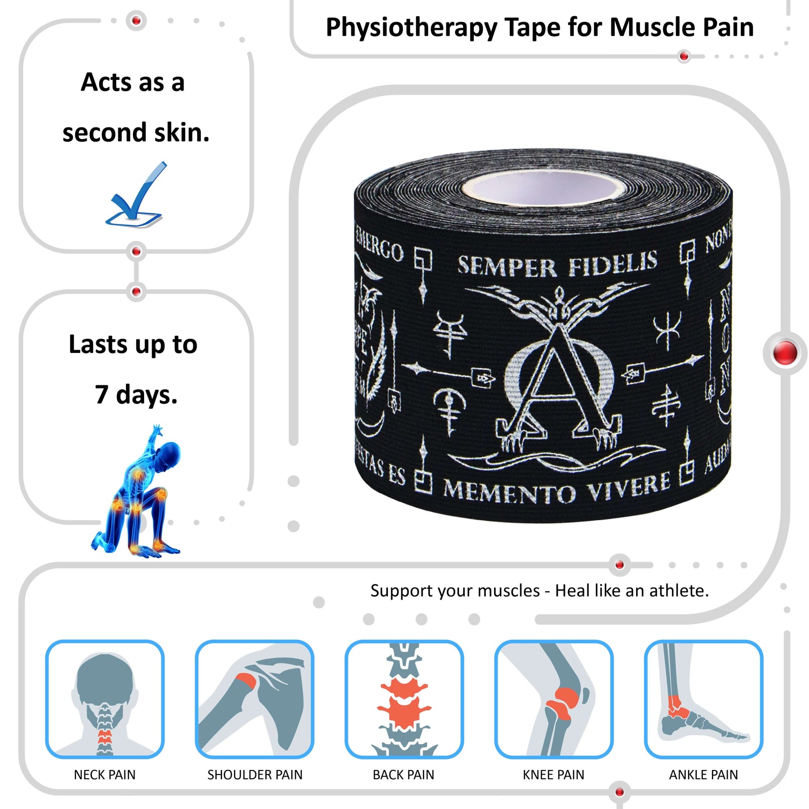 Roll of black Latin Talisman kinesiology tape printed with Latin mottoes including Mens Sana in Corpore Sano and Carpe Diem, horizontal print – 20 pre-cut 5cm x 25cm strips per roll, latex-free 95% rayon and 5% spandex, lasts 5 to 7 days