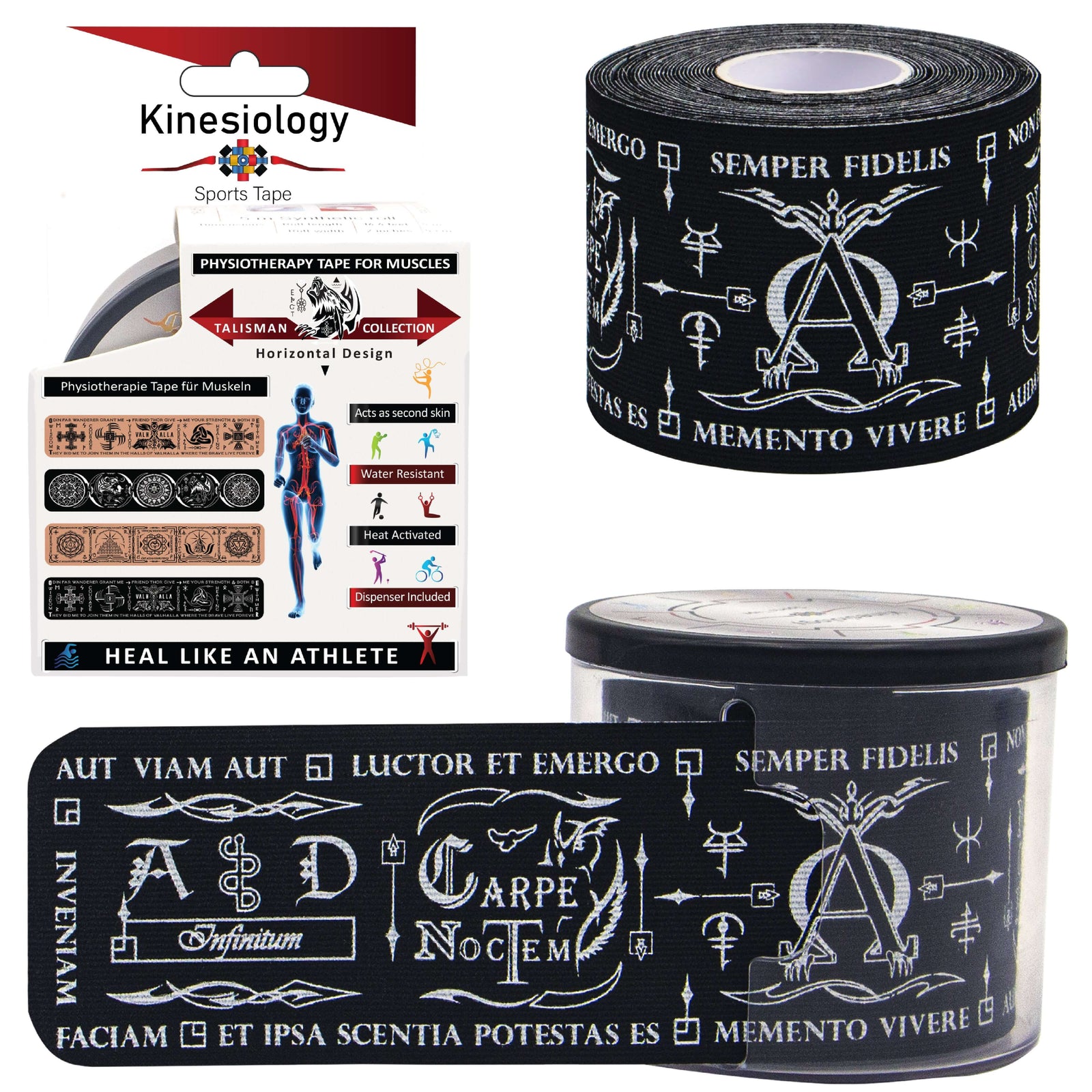 Black Latin Talisman retail box with a pre-cut roll and a loose strip of the Latin and Greek motto print – Kinesiology Sports Tape