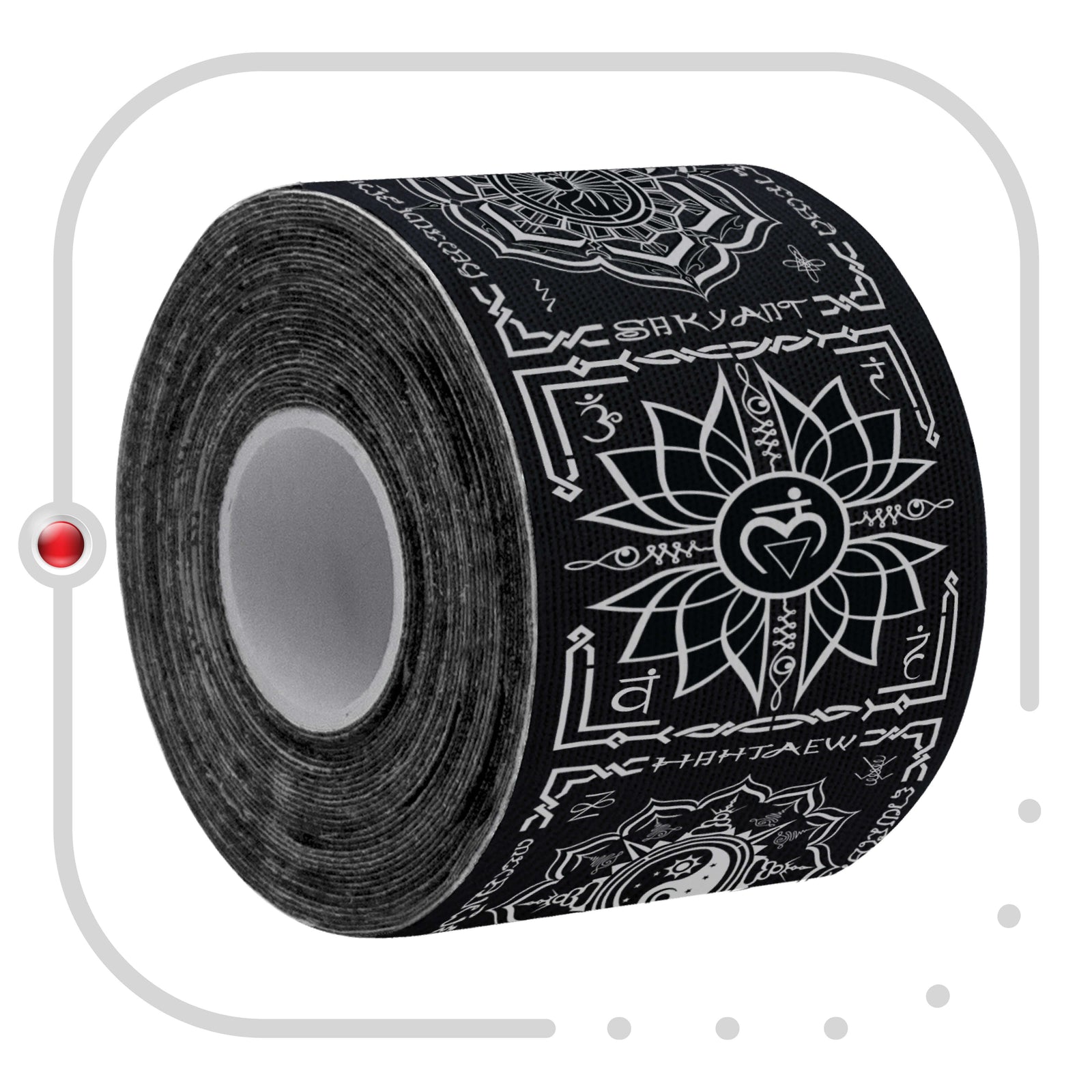 Close-up of a roll of Black Chakra Talisman kinesiology tape showing the Chakra and Reiki symbol print – Kinesiology Sports Tape