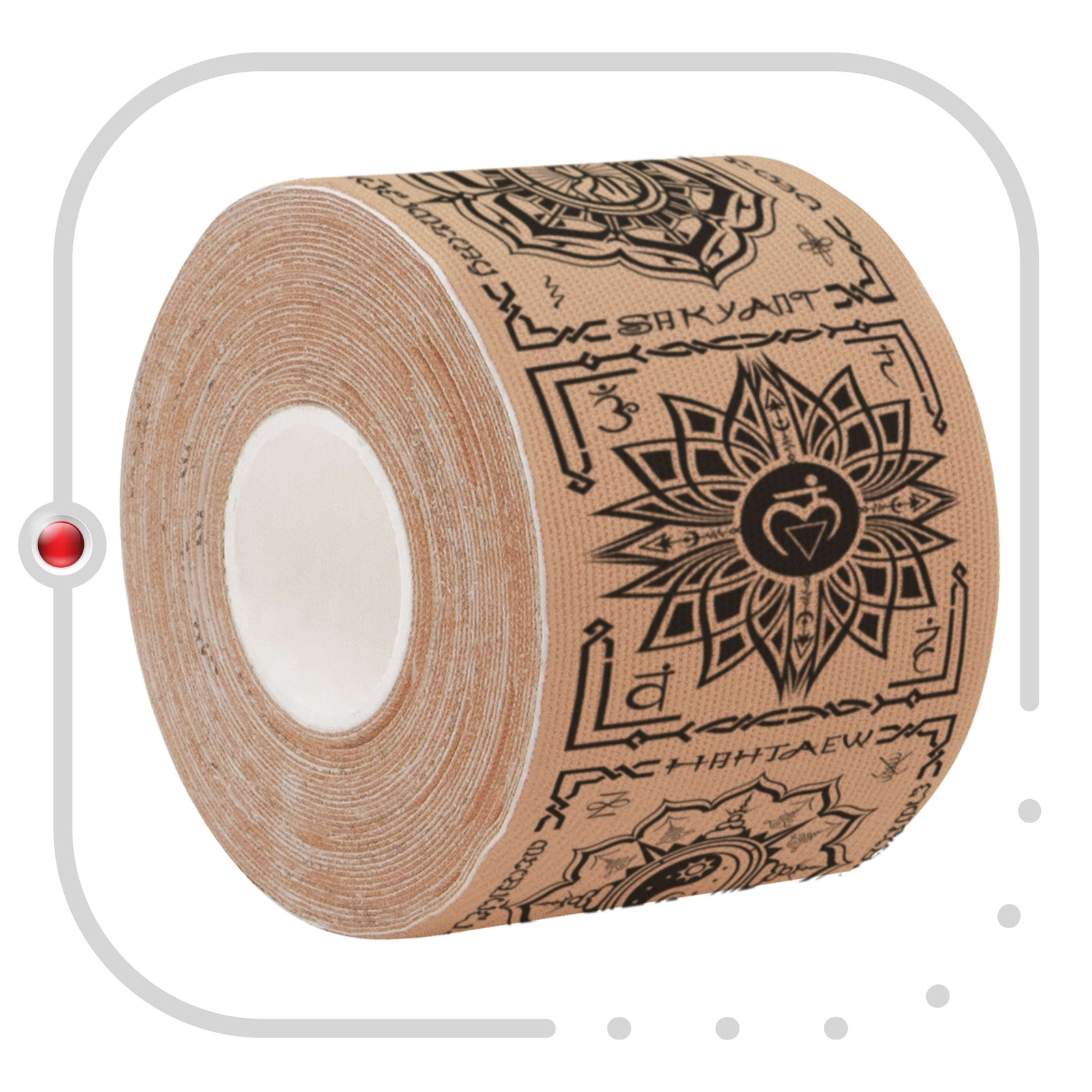 Roll of beige Chakra Healing Talisman kinesiology tape printed with the seven chakra symbols, Reiki and Sak Yant motifs, vertical print – 20 pre-cut 5cm x 25cm strips per roll, latex-free 95% rayon and 5% spandex, acts as a second skin and lasts 5 to 7 days
