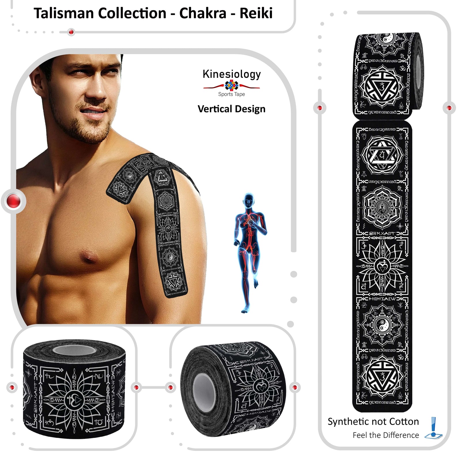 Black Chakra Talisman kinesiology tape applied to a man's shoulder – vertical design, pre-cut strips, Kinesiology Sports Tape