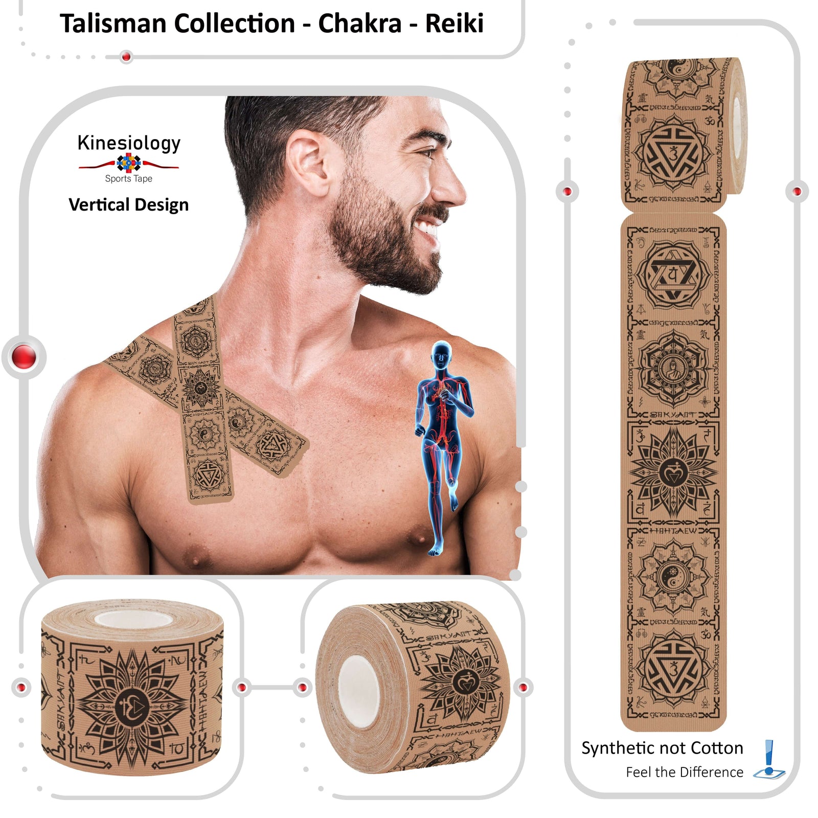 Beige Chakra Talisman kinesiology tape applied to a man's shoulder – vertical design, pre-cut strips, Kinesiology Sports Tape