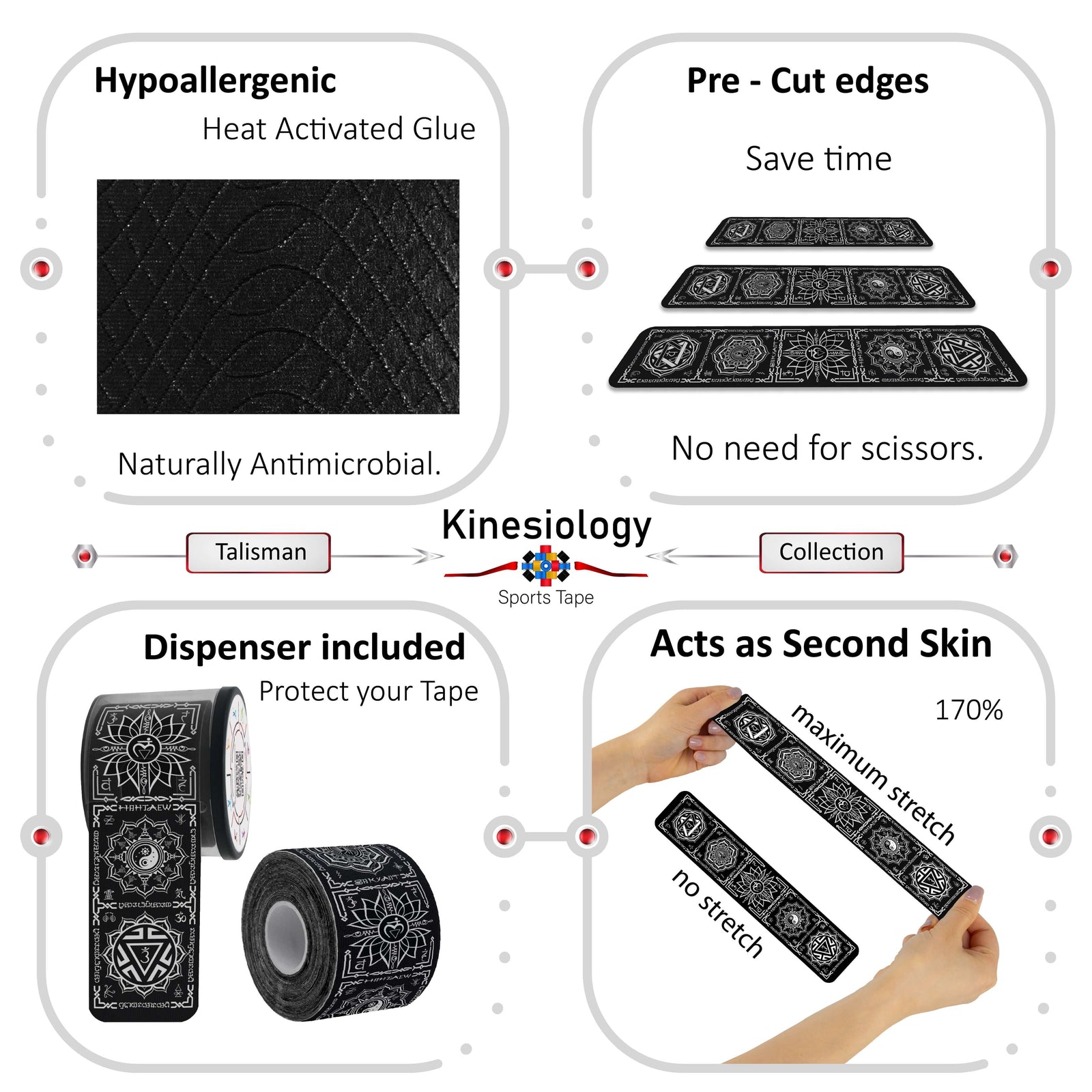 Black Chakra Talisman kinesiology tape features: hypoallergenic heat-activated glue, pre-cut edges, dispenser included, 170% stretch – Kinesiology Sports Tape