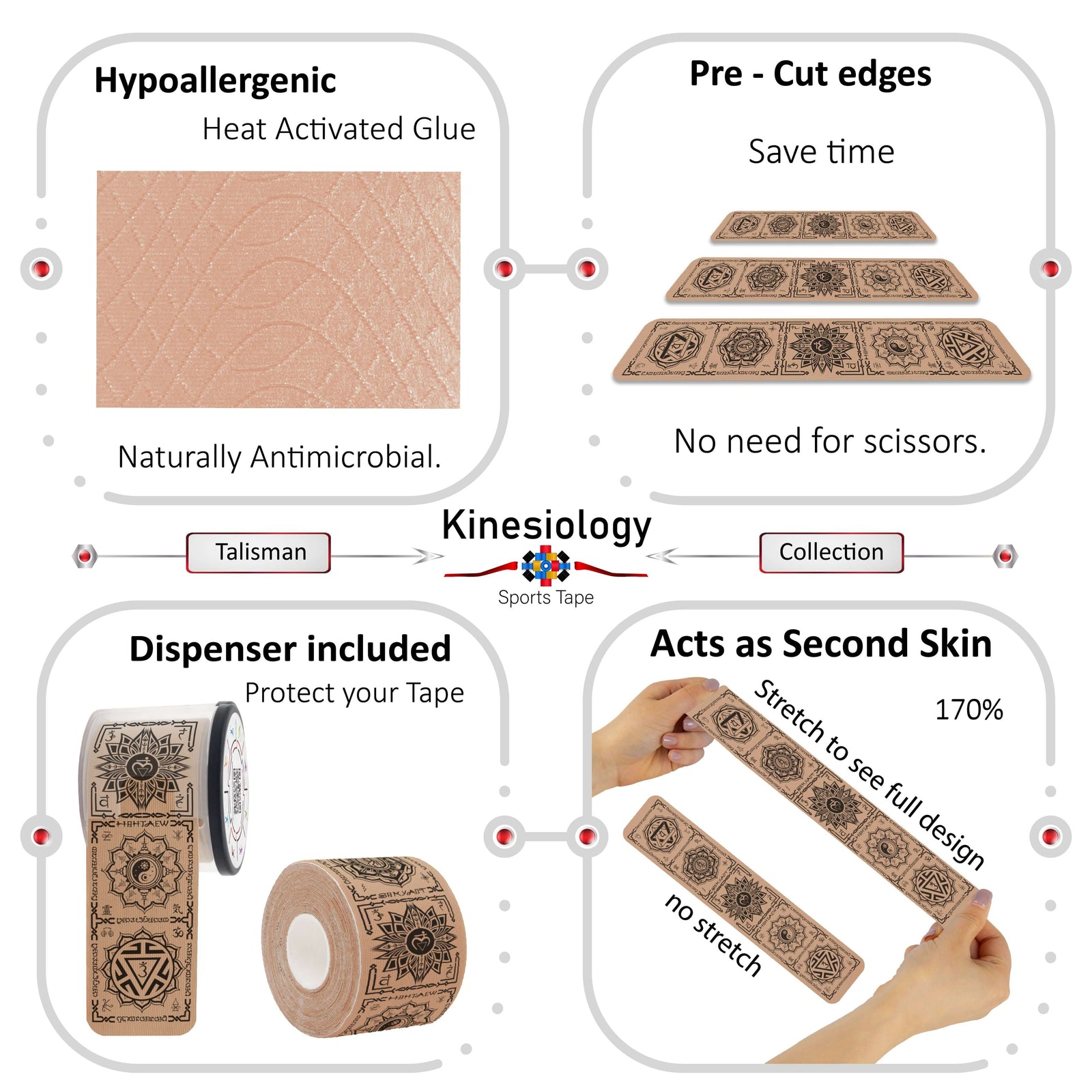 Beige Chakra Talisman kinesiology tape features: hypoallergenic heat-activated glue, pre-cut edges, dispenser included, 170% stretch – Kinesiology Sports Tape