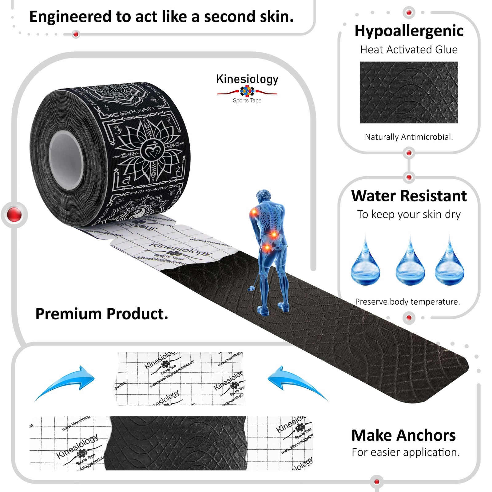 Black Chakra Talisman kinesiology tape unrolling from its backing paper, showing the anchor markings – water-resistant, acts like a second skin – Kinesiology Sports Tape