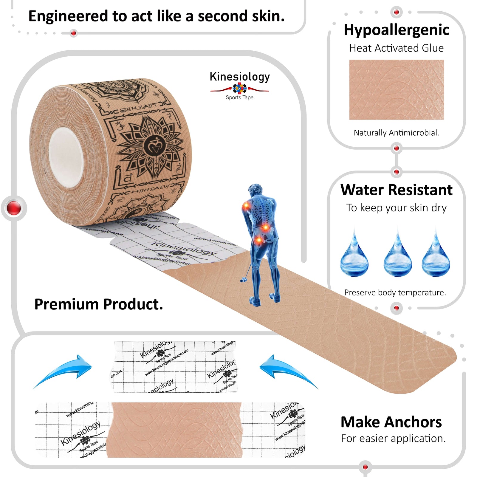 Beige Chakra Talisman kinesiology tape unrolling from its backing paper, showing the anchor markings – water-resistant, acts like a second skin – Kinesiology Sports Tape