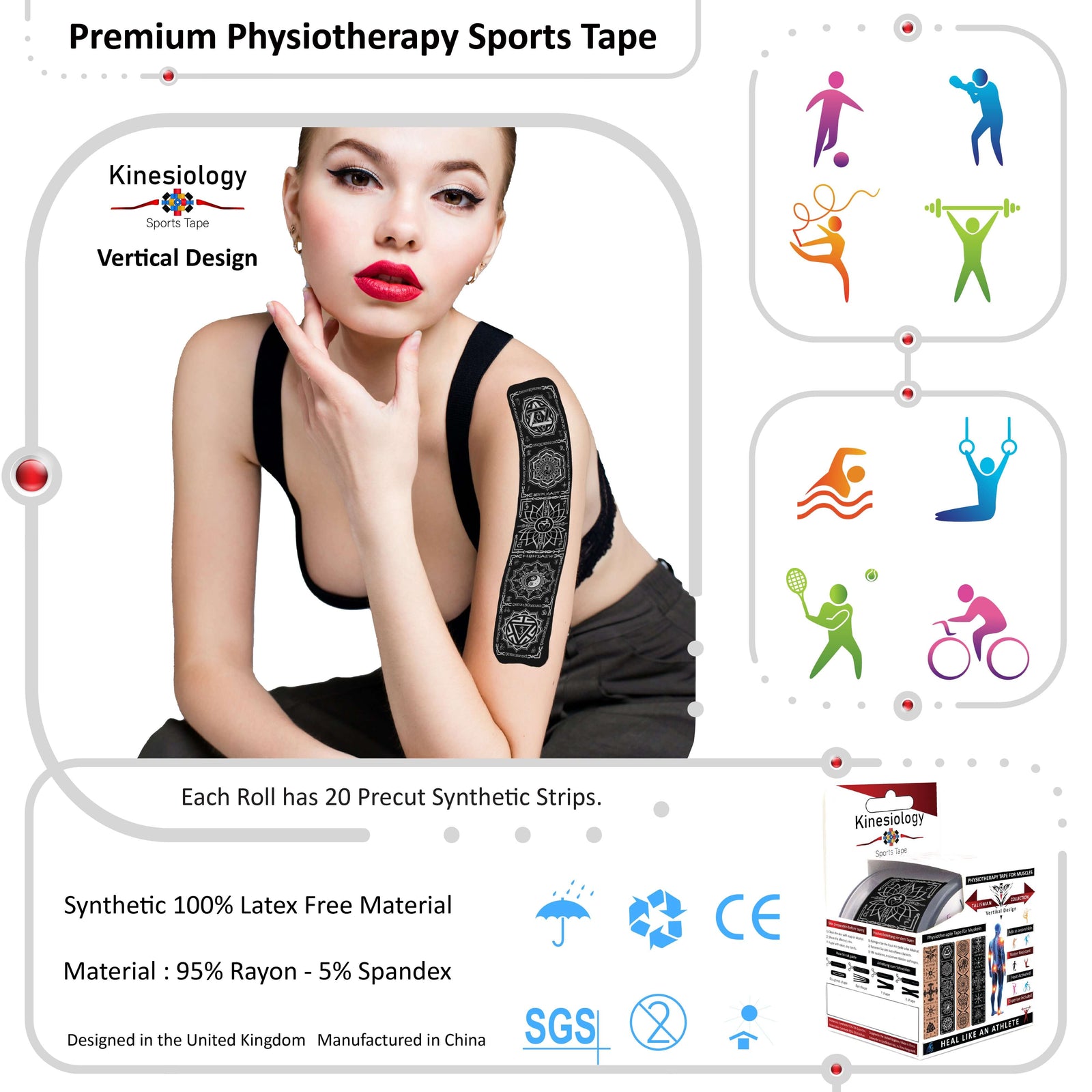 Black Chakra Talisman kinesiology tape applied to a woman's shoulder – vertical design, pre-cut strips, Kinesiology Sports Tape