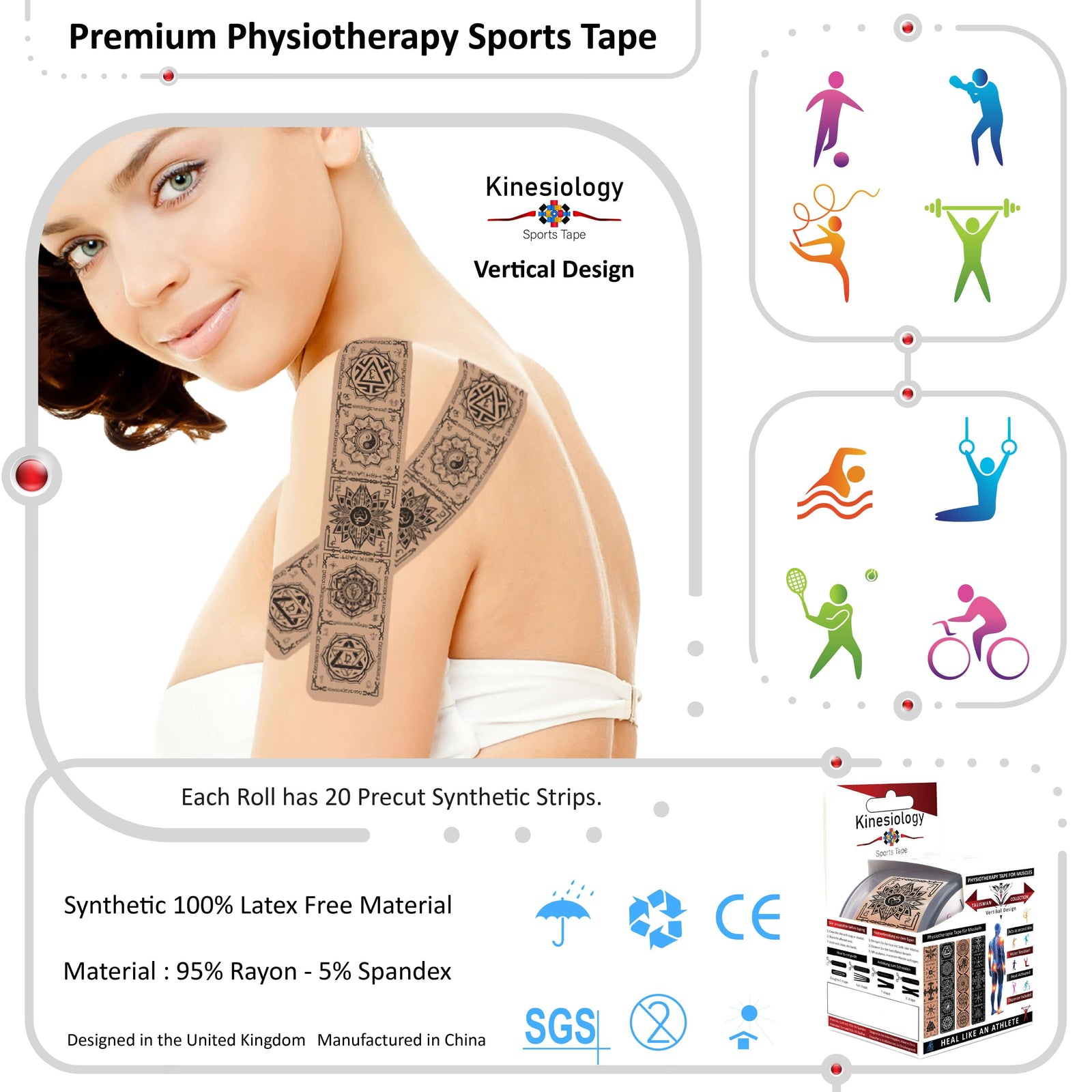 Beige Chakra Talisman kinesiology tape applied to a woman's shoulder and upper arm – vertical design, pre-cut strips, Kinesiology Sports Tape