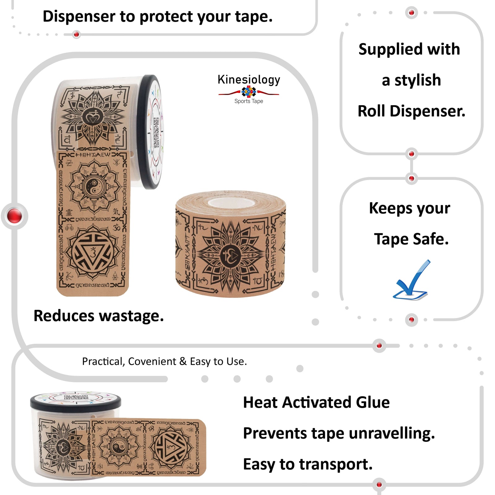 Beige Chakra Talisman kinesiology tape in its built-in roll dispenser, which keeps the tape safe and stops it unravelling – Kinesiology Sports Tape