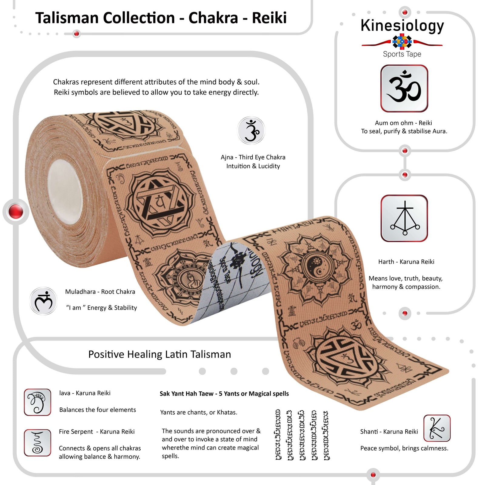 Roll of Beige Chakra Talisman kinesiology tape with the meanings of its chakra and Reiki symbols explained – Talisman Collection, Kinesiology Sports Tape
