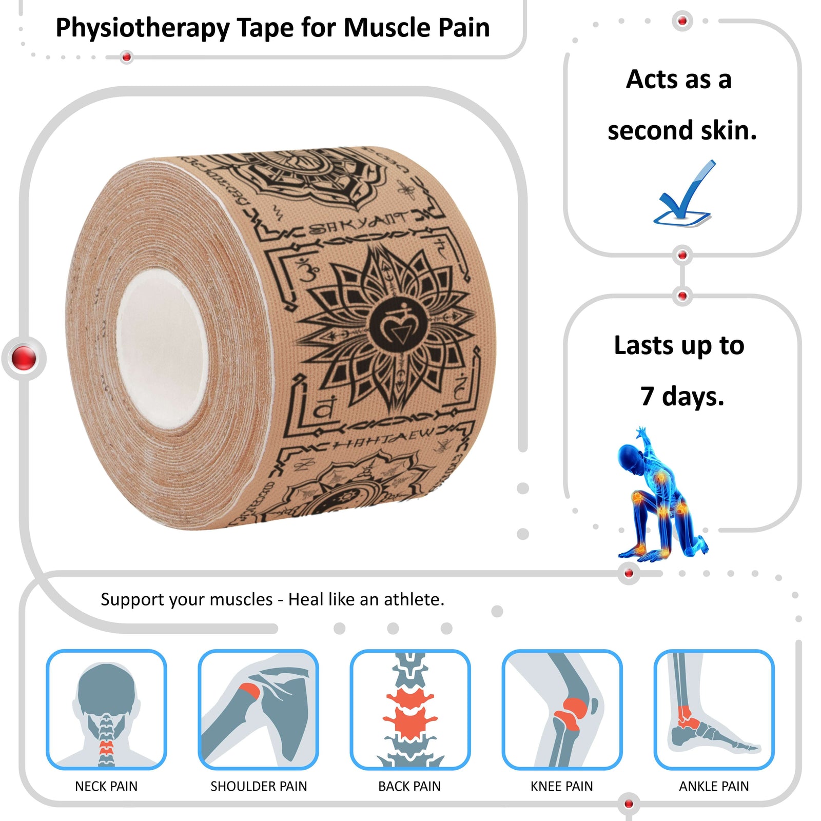 Beige Chakra Talisman physiotherapy kinesiology tape for muscle pain – neck, shoulder, back, knee and ankle, lasts up to 7 days – Kinesiology Sports Tape