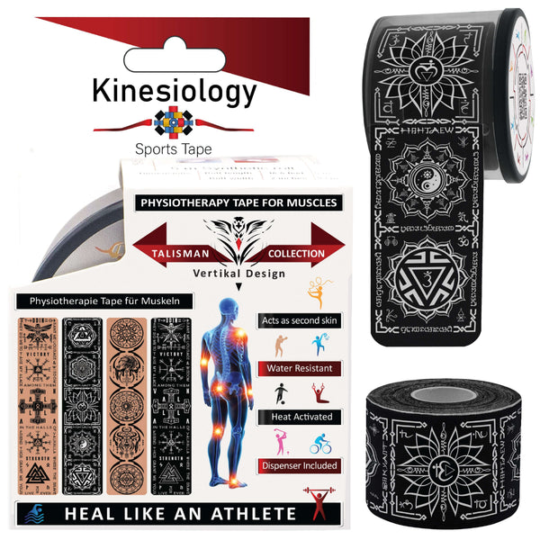 Black Chakra Talisman Kinesiology Tape Vertical - Pre-Cut 20 Strips with Dispenser