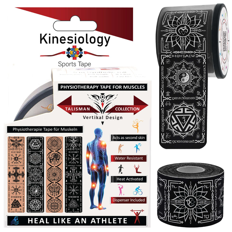Black Chakra Talisman retail box with a pre-cut roll and a loose strip of the Chakra and Reiki symbol print – Kinesiology Sports Tape