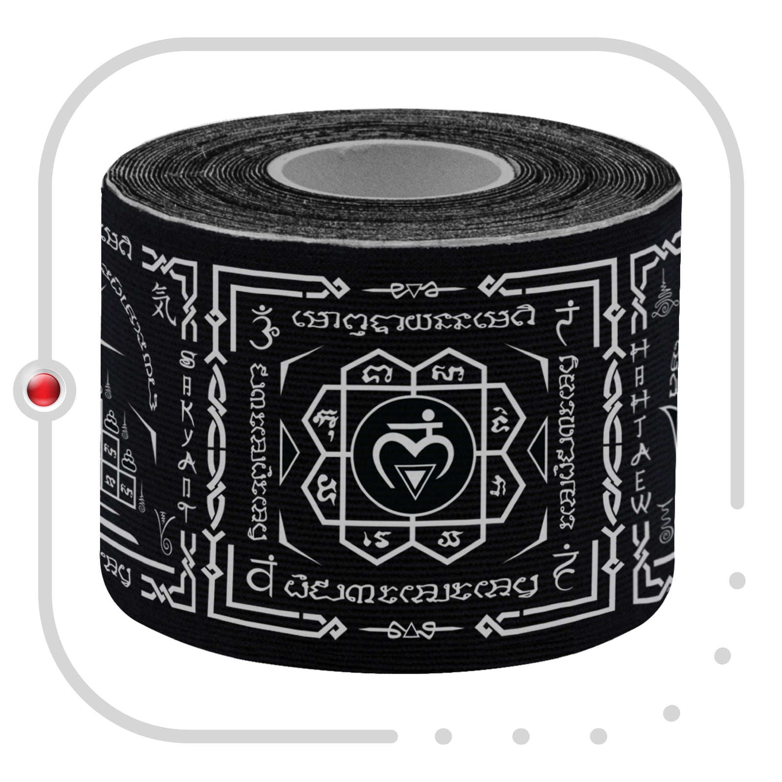 Close-up of a roll of Black Chakra Talisman kinesiology tape showing the Chakra and Reiki symbol print – Kinesiology Sports Tape