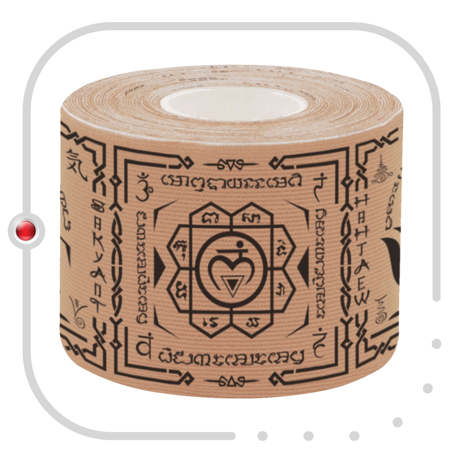 Roll of beige Chakra Healing Talisman kinesiology tape printed with the seven chakra symbols, Reiki and Sak Yant motifs, horizontal print – 20 pre-cut 5cm x 25cm strips per roll, latex-free 95% rayon and 5% spandex, acts as a second skin and lasts 5 to 7 days