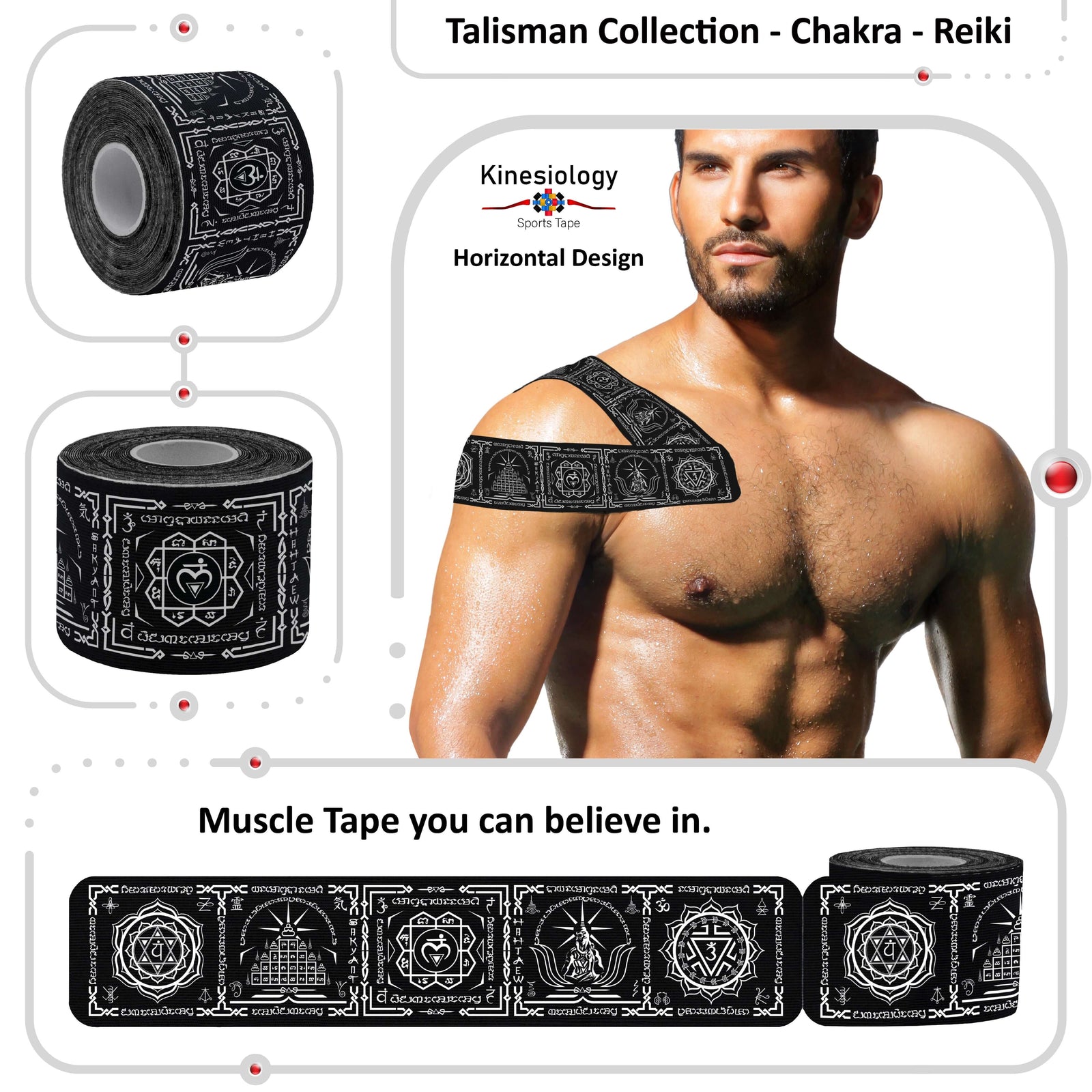 Black Chakra Talisman kinesiology tape applied to a man's shoulder – horizontal design, pre-cut strips, Kinesiology Sports Tape