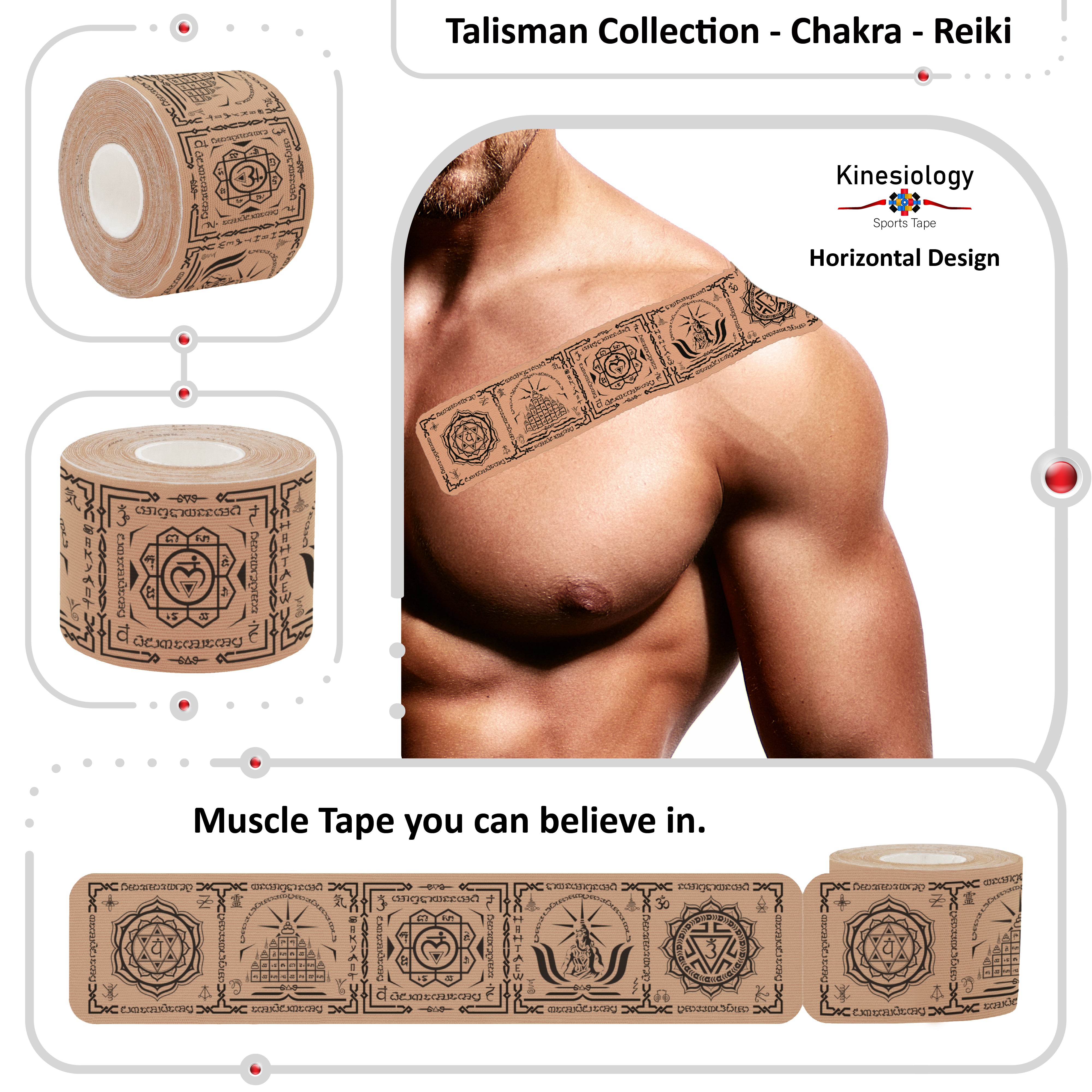 Beige Kinesiology Tape Pre Cut with Dispenser - Talisman - Chakra - Horizontal Design