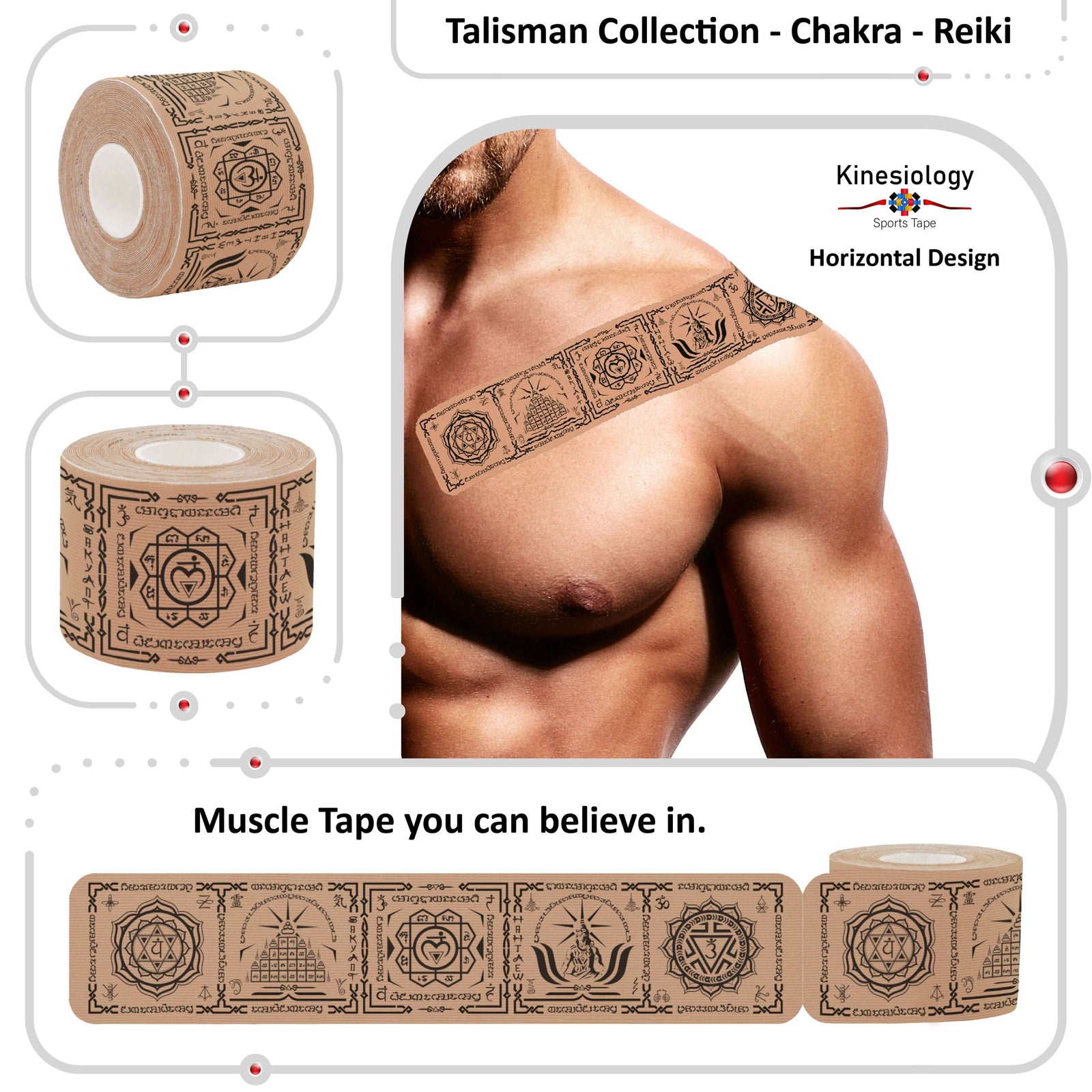 Beige Chakra Talisman kinesiology tape applied to a man's chest and shoulder – horizontal design, pre-cut strips, Kinesiology Sports Tape