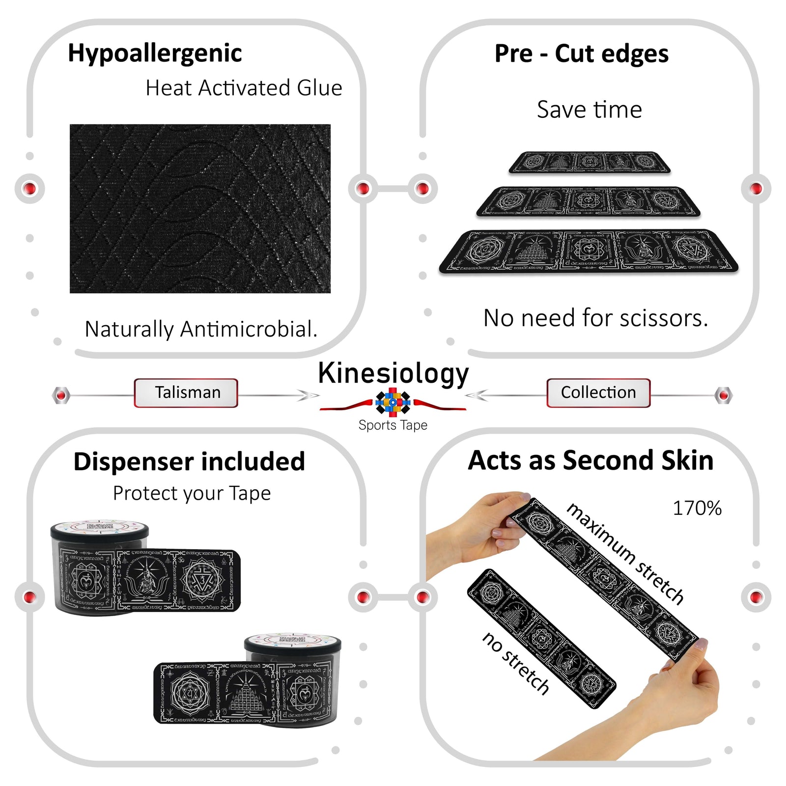 Black Chakra Talisman kinesiology tape features: hypoallergenic heat-activated glue, pre-cut edges, dispenser included, 170% stretch – Kinesiology Sports Tape