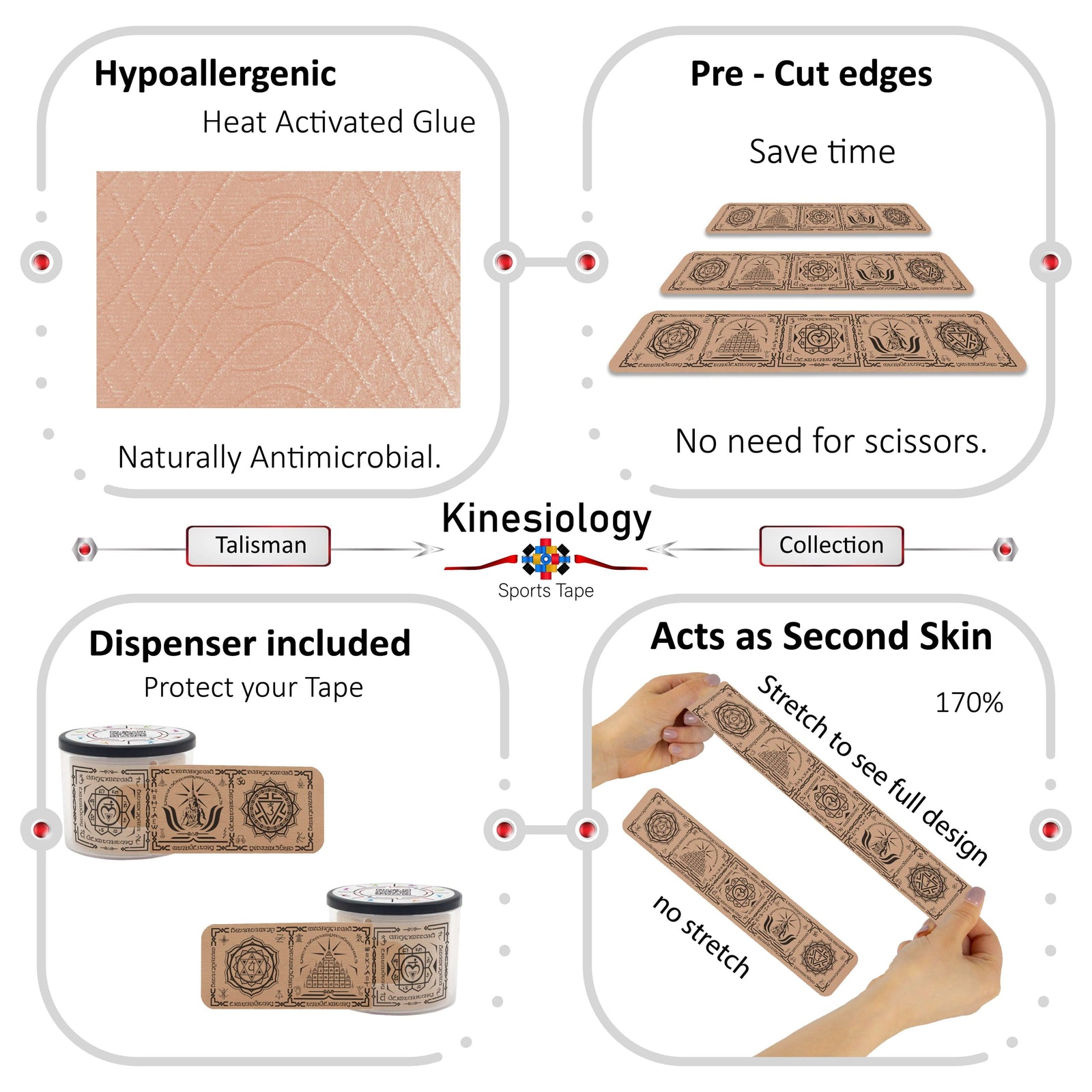 Beige Chakra Talisman kinesiology tape features: hypoallergenic heat-activated glue, pre-cut edges, dispenser included, 170% stretch – Kinesiology Sports Tape