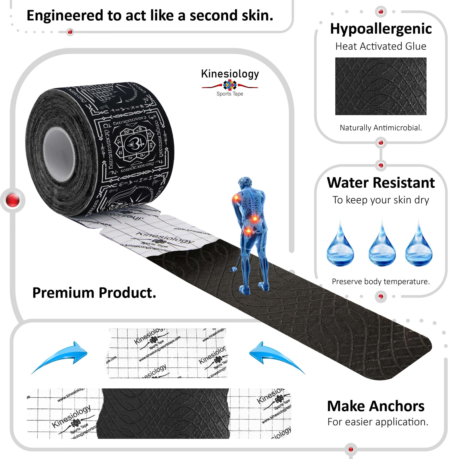 Black Chakra Talisman kinesiology tape unrolling from its backing paper, showing the anchor markings – water-resistant, acts like a second skin – Kinesiology Sports Tape