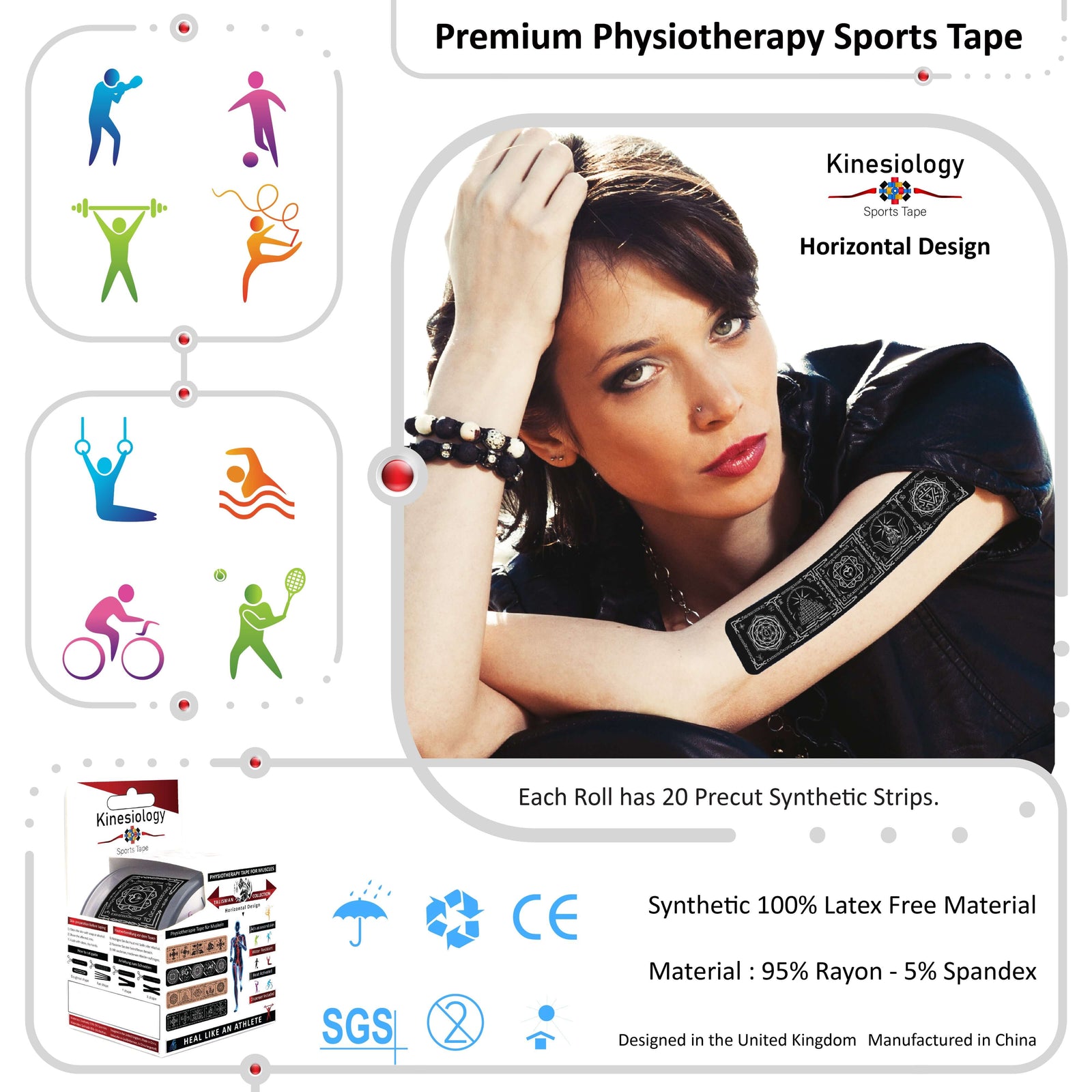 Black Chakra Talisman kinesiology tape applied to a woman's forearm and wrist – horizontal design, pre-cut strips, Kinesiology Sports Tape
