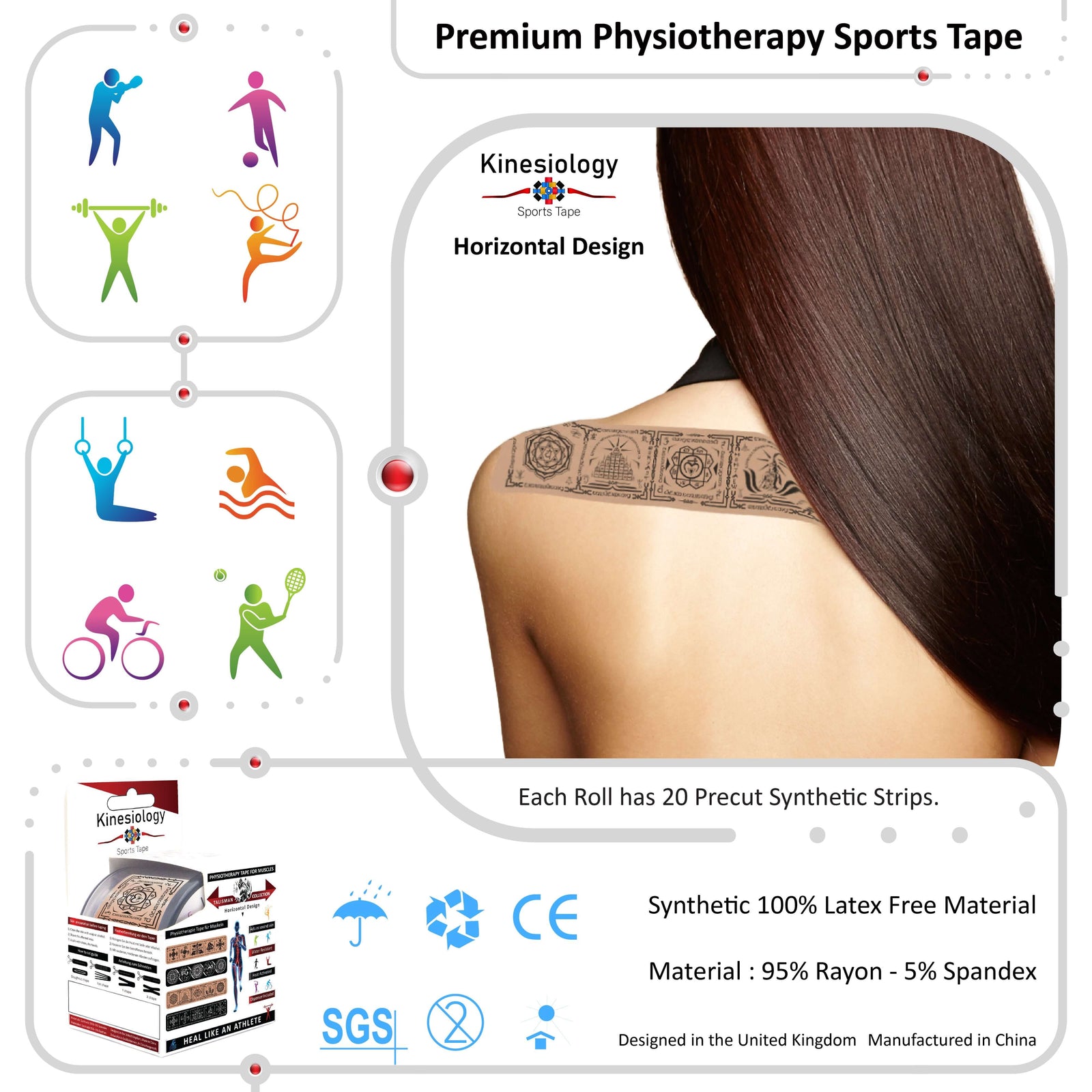 Beige Chakra Talisman kinesiology tape applied to a woman's shoulder, seen from behind – horizontal design, pre-cut strips, Kinesiology Sports Tape