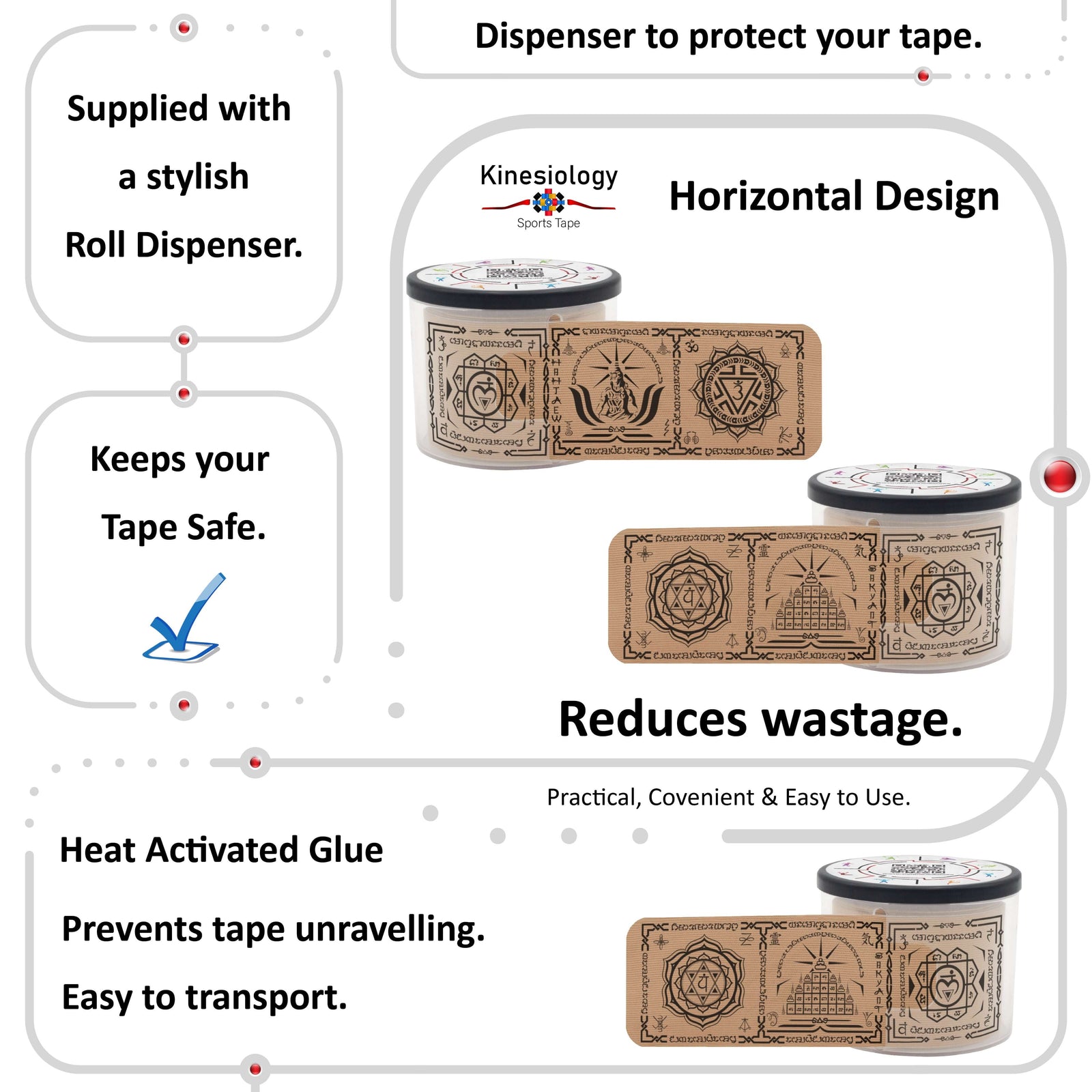 Beige Chakra Talisman kinesiology tape in its built-in roll dispenser, which keeps the tape safe and stops it unravelling – Kinesiology Sports Tape