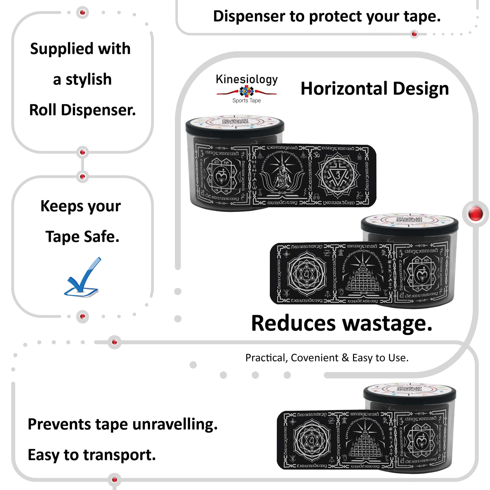 Black Chakra Talisman kinesiology tape in its built-in roll dispenser, which keeps the tape safe and stops it unravelling – Kinesiology Sports Tape
