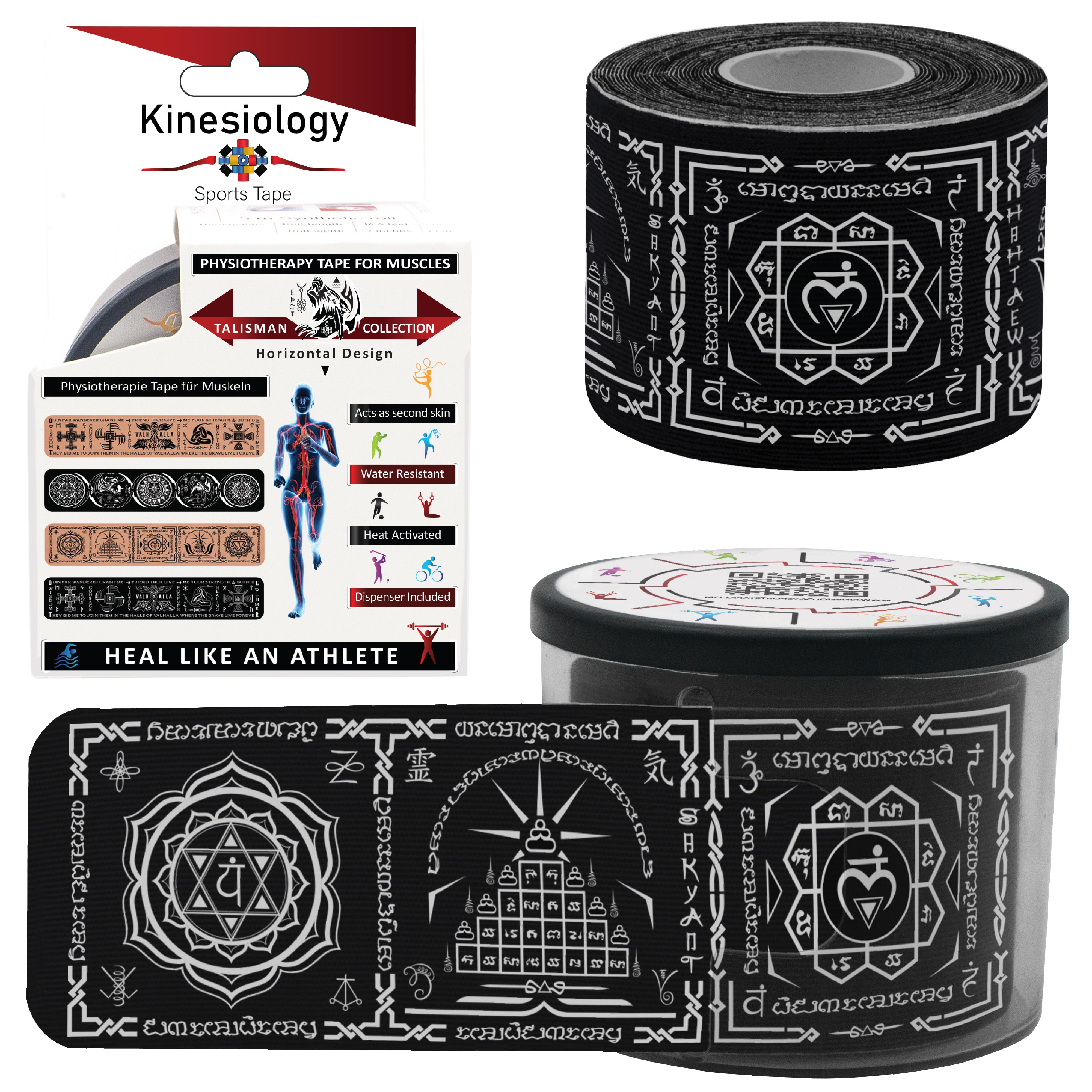 Black Kinesiology Tape Pre Cut with Dispenser - Talisman - Chakra - Horizontal Design