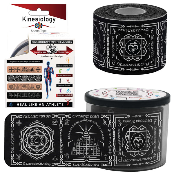 Black Chakra Talisman Kinesiology Tape Horizontal - Pre-Cut 20 Strips with Dispenser