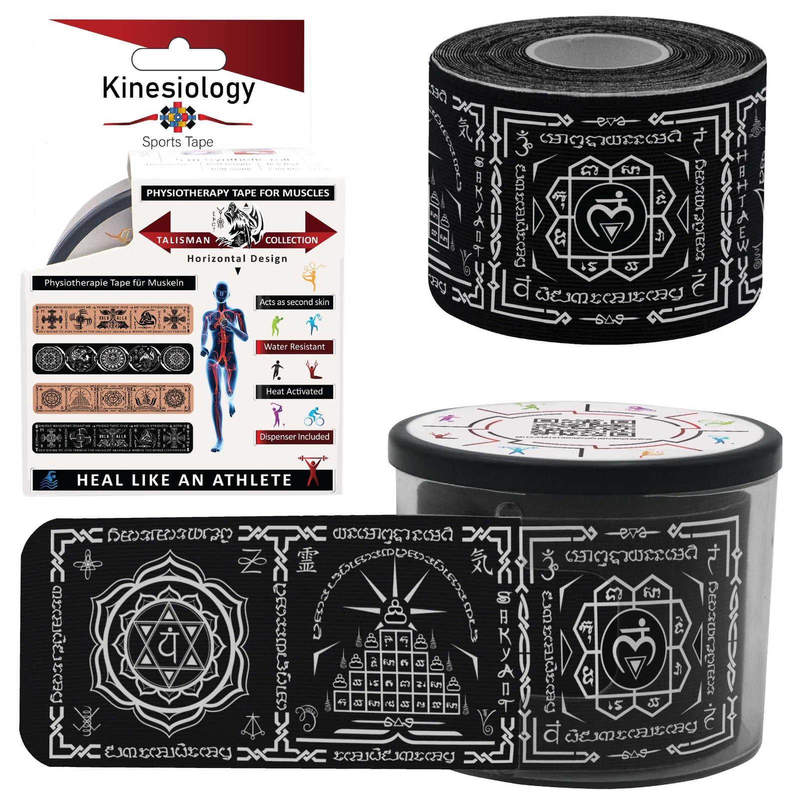 Black Chakra Talisman retail box with a pre-cut roll and a loose strip of the Chakra and Reiki symbol print – Kinesiology Sports Tape