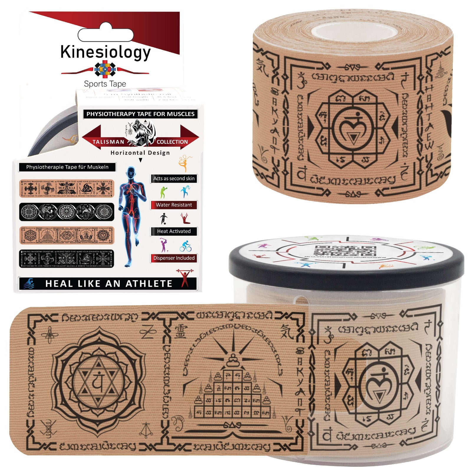 Beige Chakra Talisman retail box with a pre-cut roll and a loose strip of the Chakra and Reiki symbol print – Kinesiology Sports Tape