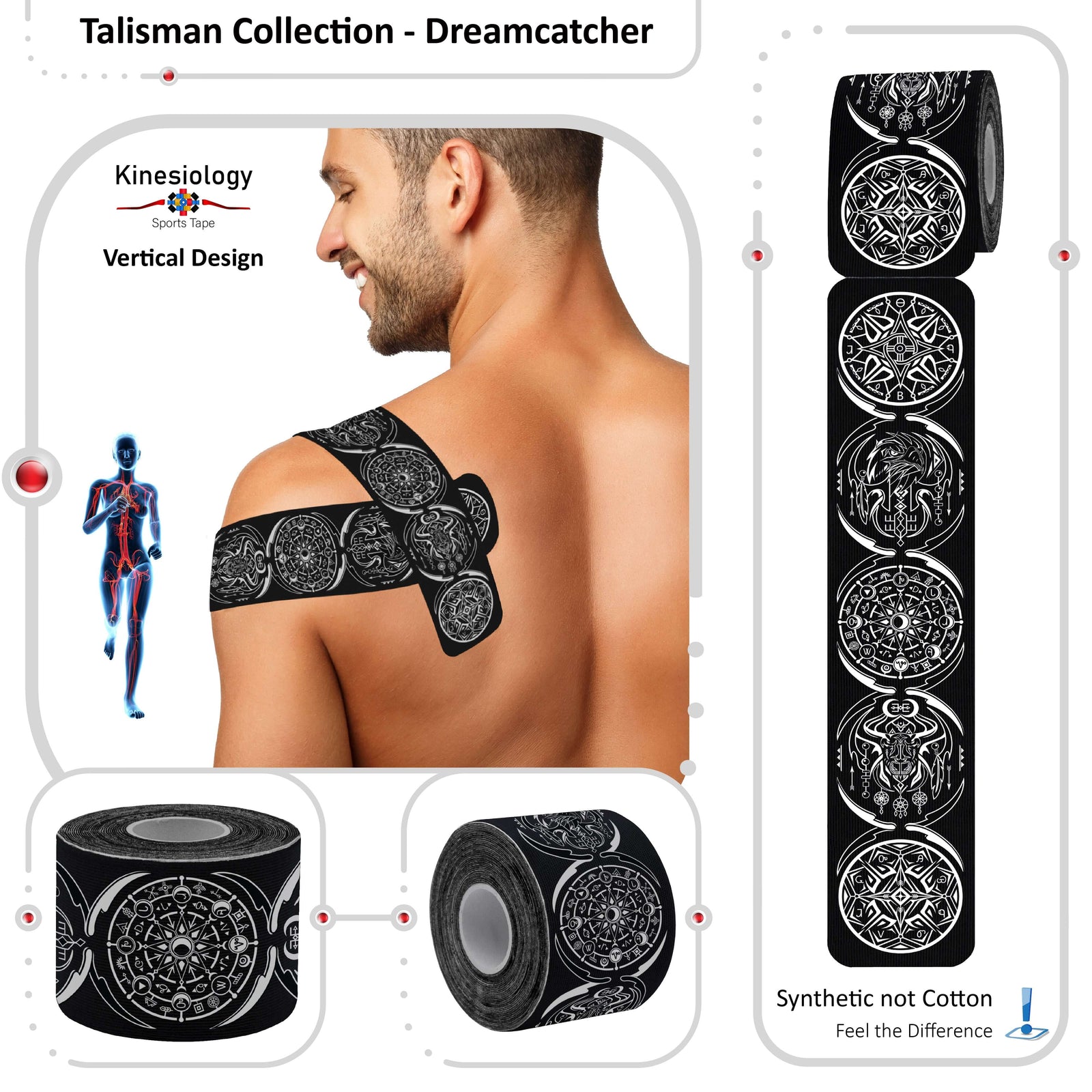 Black Dreamcatcher Talisman kinesiology tape applied to a man's shoulder – vertical design, pre-cut strips, Kinesiology Sports Tape