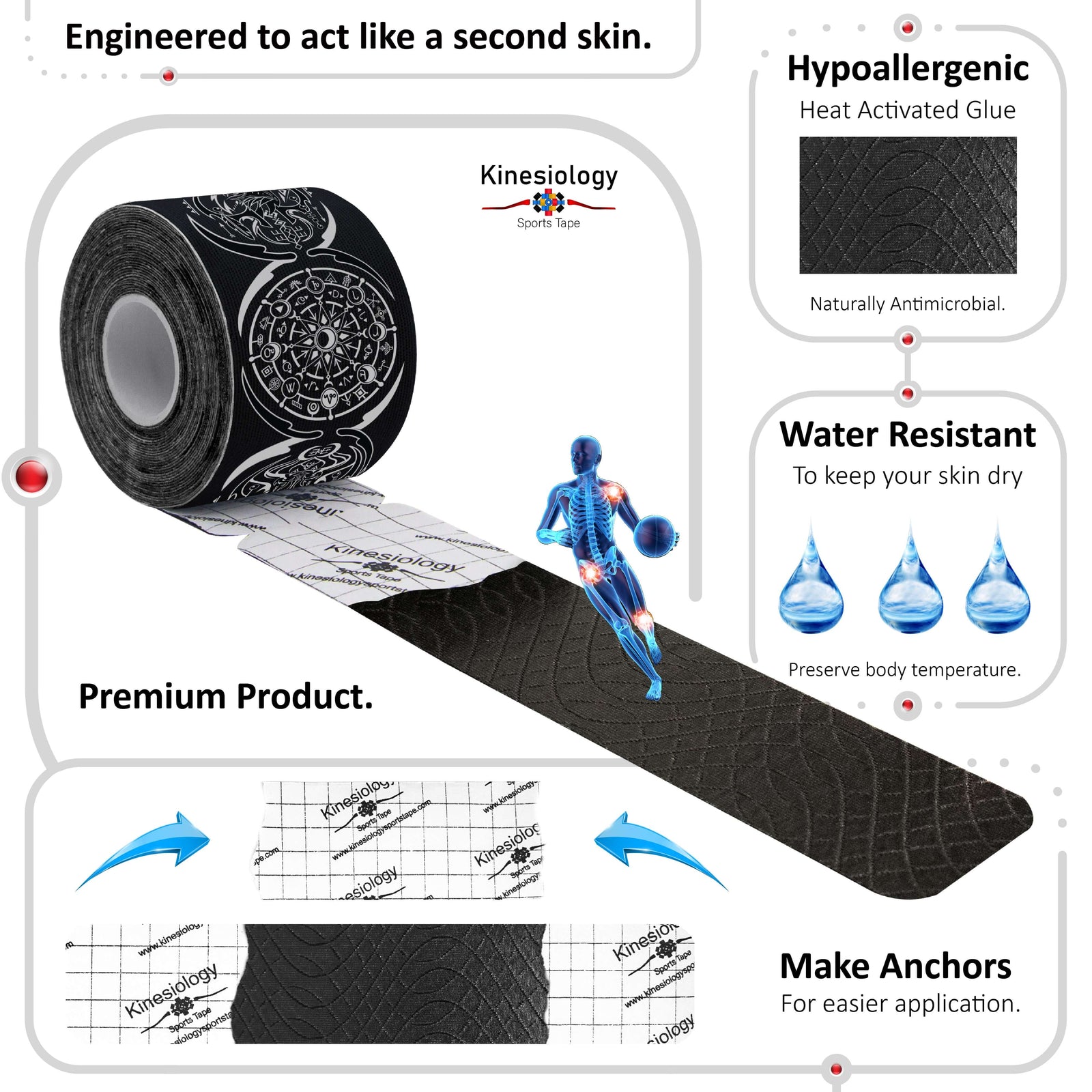 Black Dreamcatcher Talisman kinesiology tape unrolling from its backing paper, showing the anchor markings – water-resistant, acts like a second skin – Kinesiology Sports Tape