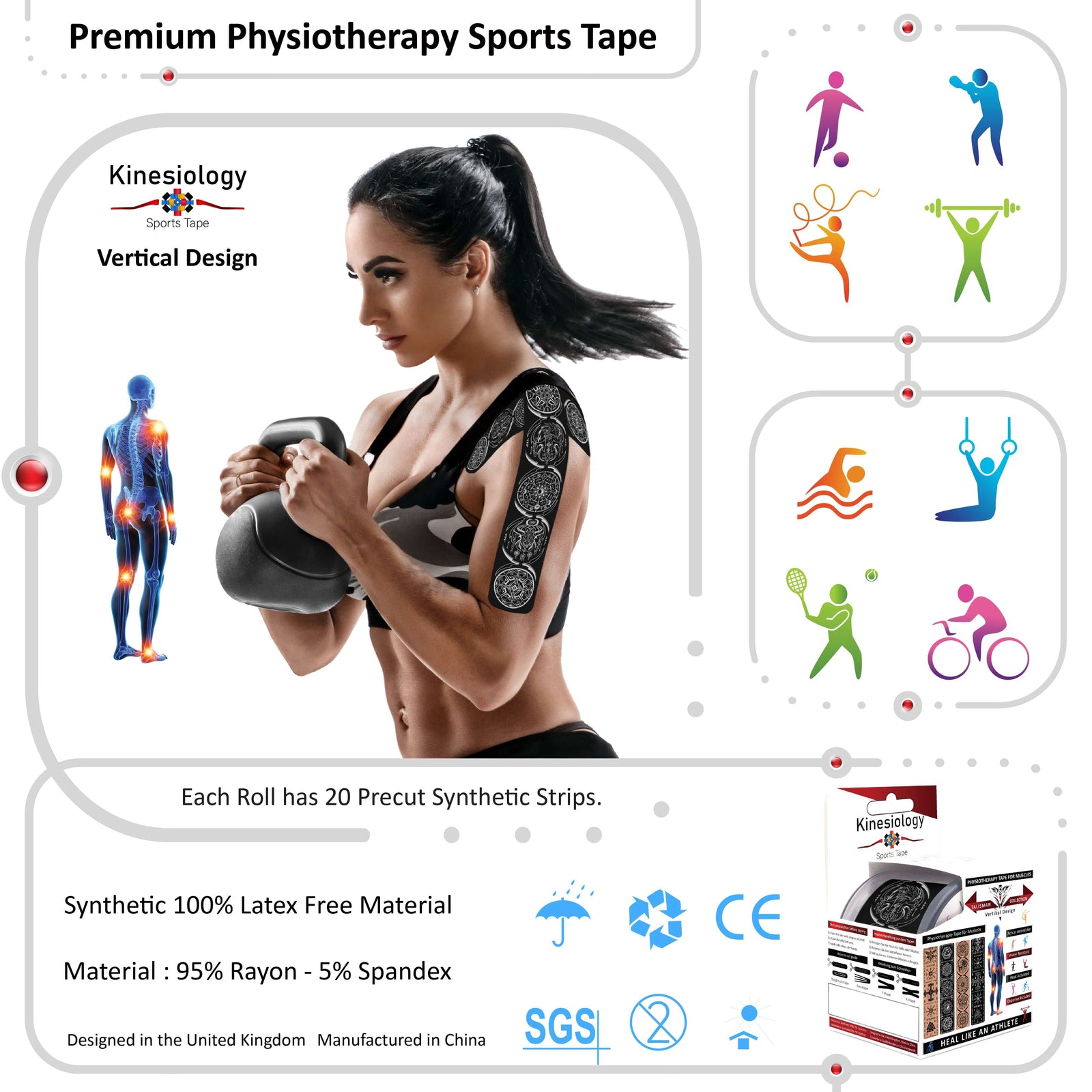 Black Dreamcatcher Talisman kinesiology tape applied to a woman's shoulder while she lifts a kettlebell – vertical design, pre-cut strips, Kinesiology Sports Tape