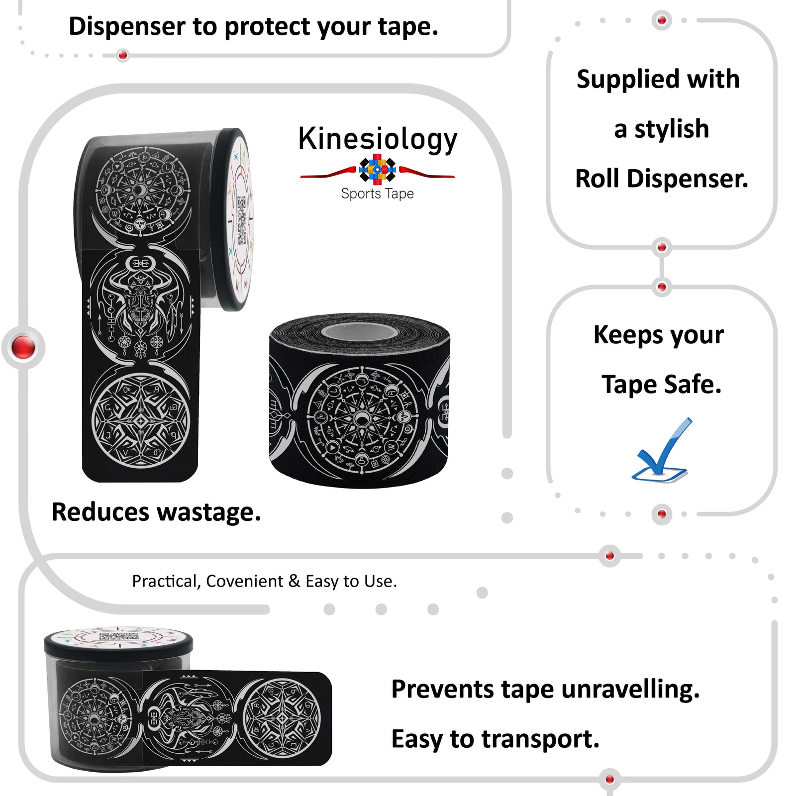 Black Dreamcatcher Talisman kinesiology tape in its built-in roll dispenser, which keeps the tape safe and stops it unravelling – Kinesiology Sports Tape