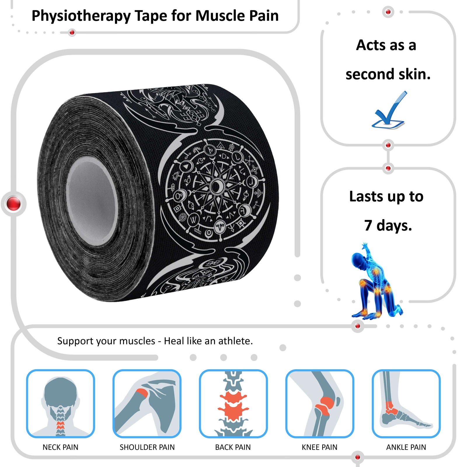 Roll of black Dreamcatcher Spirit Talisman kinesiology tape printed with eagle, thunderbird and white buffalo motifs, vertical print – 20 pre-cut 5cm x 25cm strips per roll, latex-free 95% rayon and 5% spandex, acts as a second skin and lasts 5 to 7 days
