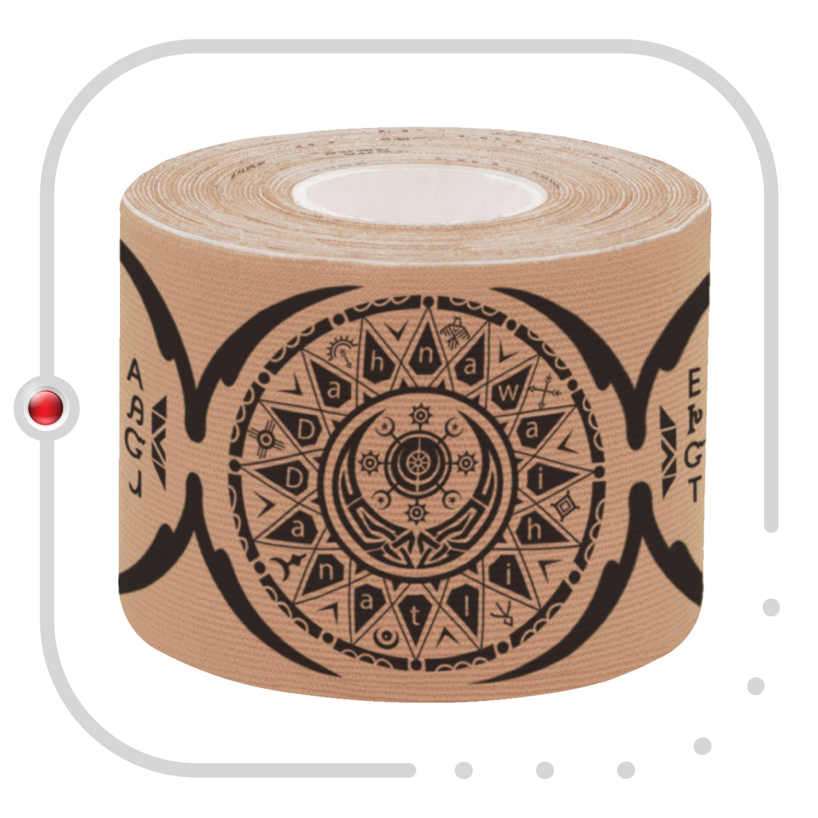 Close-up of a roll of Beige Dreamcatcher Talisman kinesiology tape showing the Dreamcatcher and Native American symbol print – Kinesiology Sports Tape