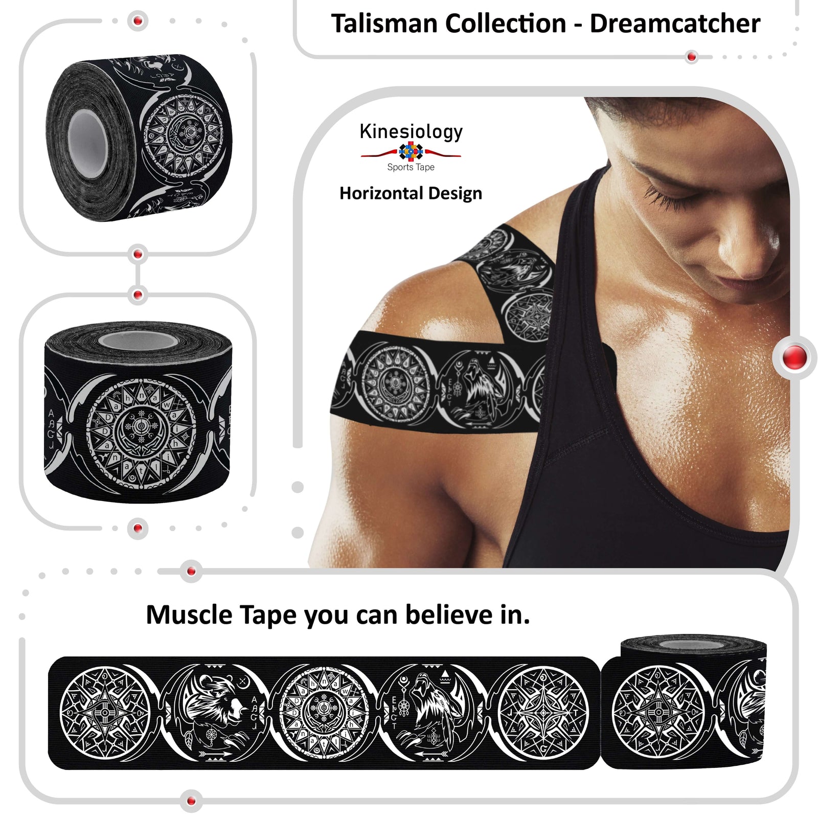 Black Dreamcatcher Talisman kinesiology tape applied to a man's shoulder – horizontal design, pre-cut strips, Kinesiology Sports Tape