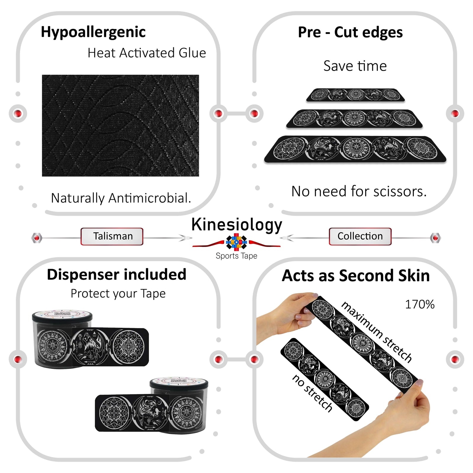 Black Dreamcatcher Talisman kinesiology tape features: hypoallergenic heat-activated glue, pre-cut edges, dispenser included, 170% stretch – Kinesiology Sports Tape