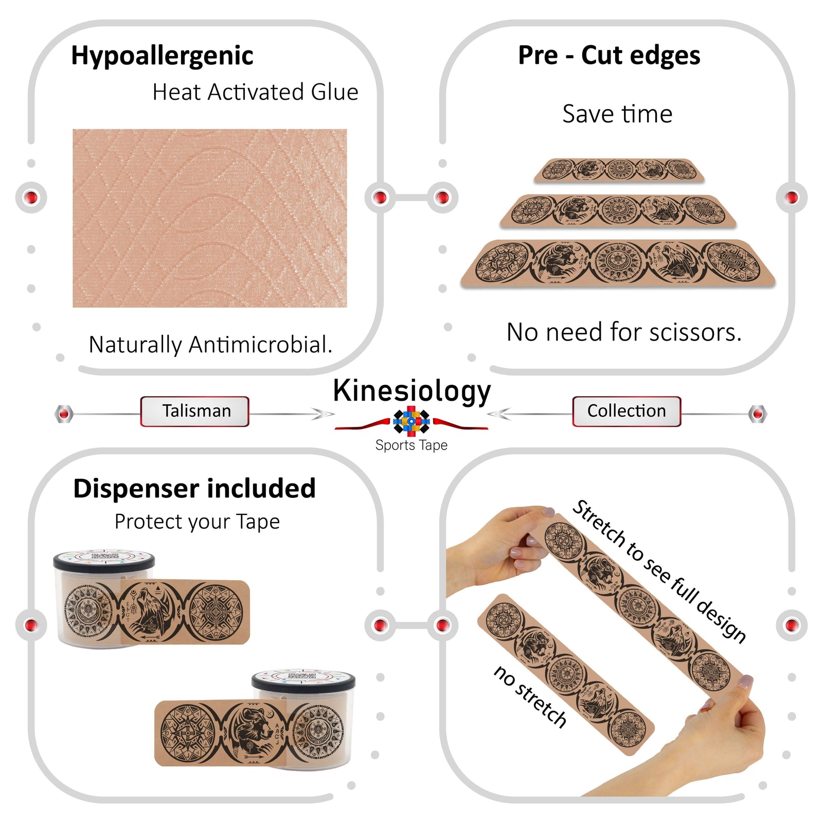 Beige Dreamcatcher Talisman kinesiology tape features: hypoallergenic heat-activated glue, pre-cut edges, dispenser included, 170% stretch – Kinesiology Sports Tape