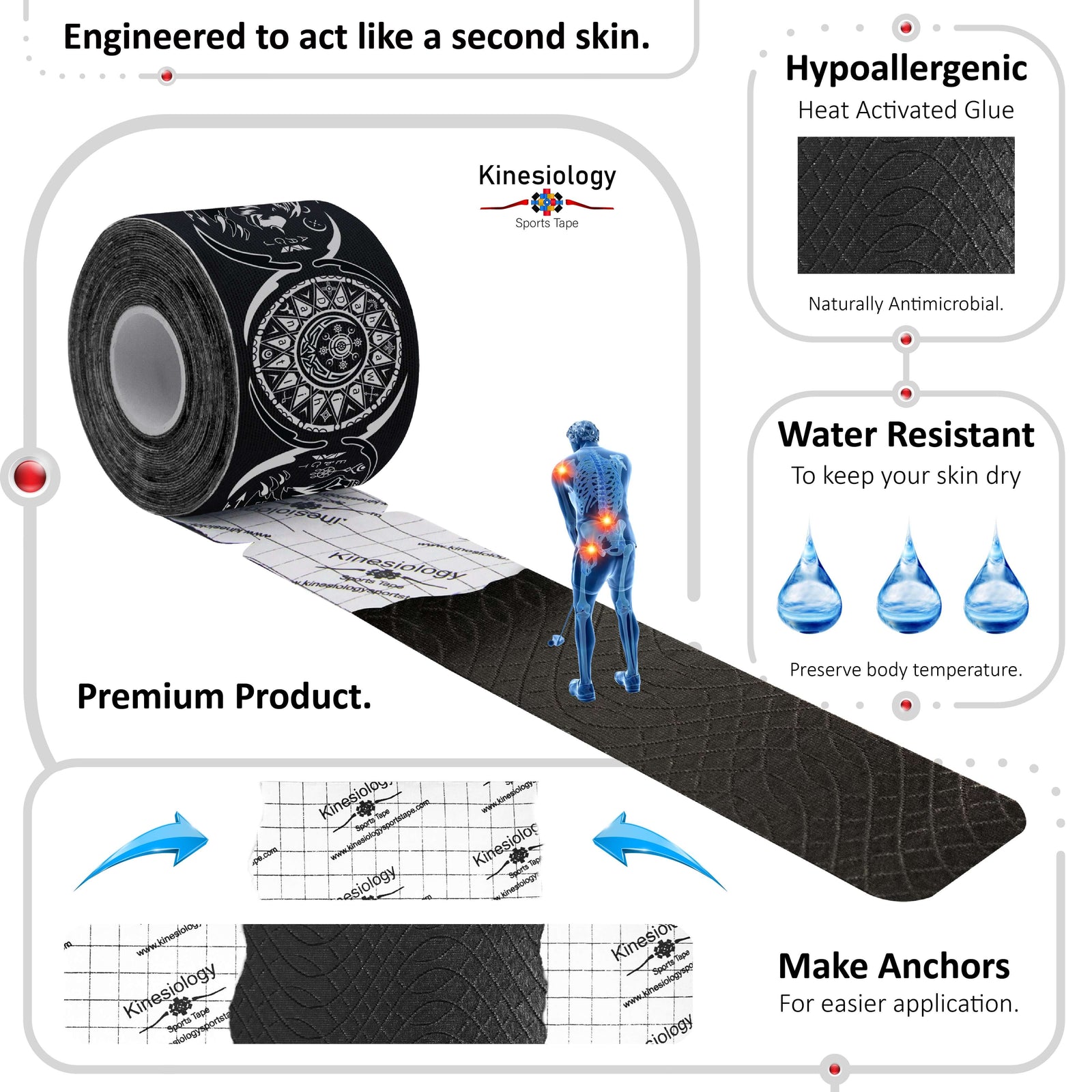 Black Dreamcatcher Talisman kinesiology tape unrolling from its backing paper, showing the anchor markings – water-resistant, acts like a second skin – Kinesiology Sports Tape