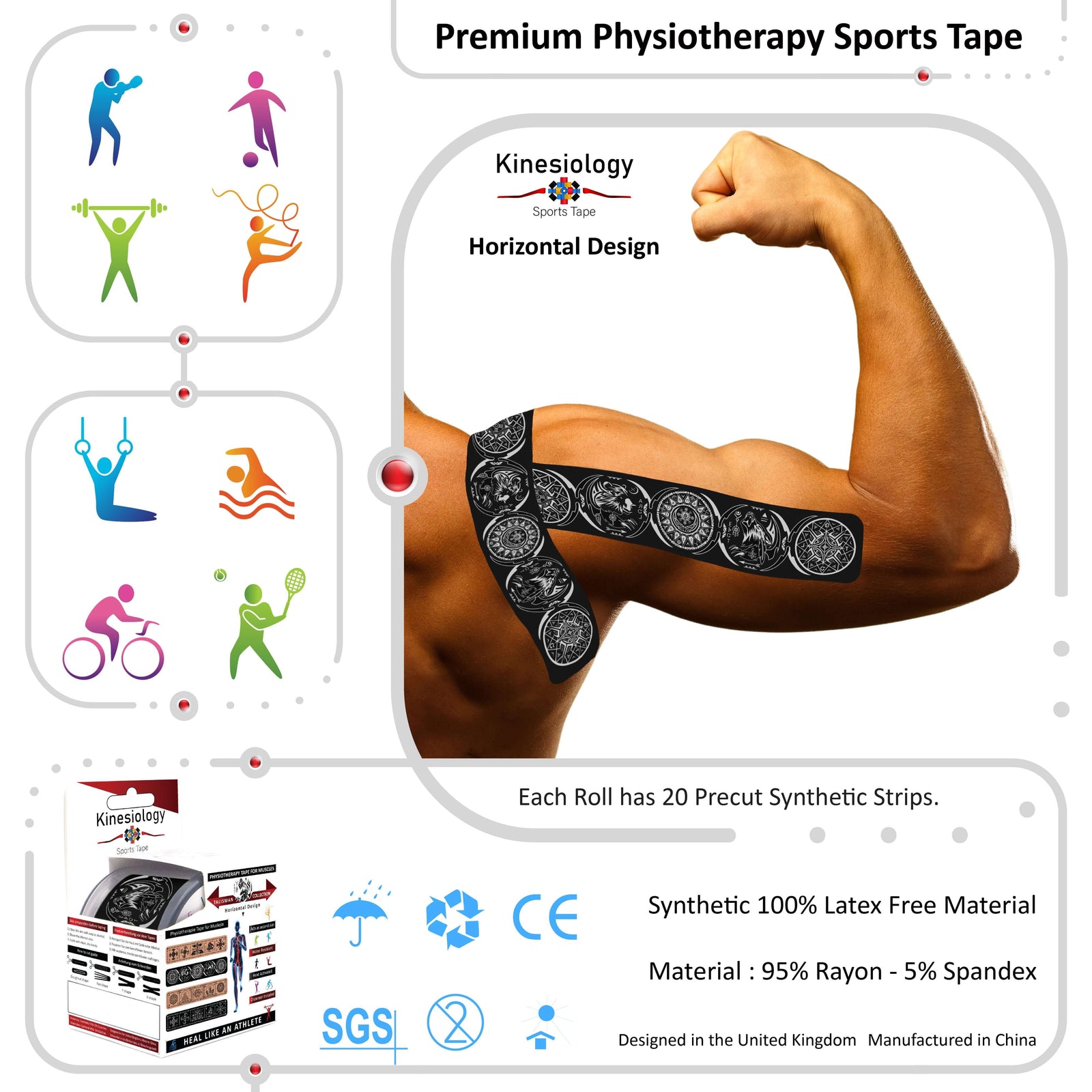 Black Dreamcatcher Talisman kinesiology tape applied to a man's flexed upper arm – horizontal design, pre-cut strips, Kinesiology Sports Tape