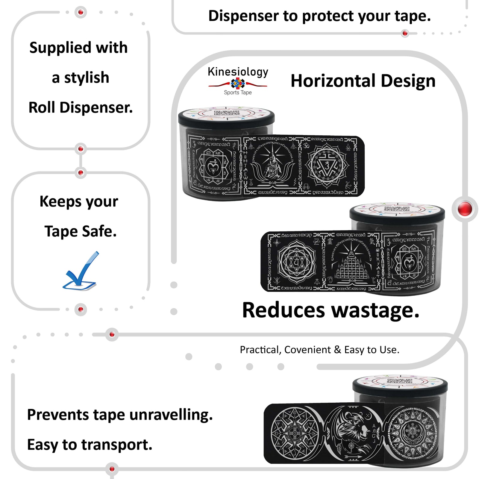 Black Dreamcatcher Talisman kinesiology tape in its built-in roll dispenser, which keeps the tape safe and stops it unravelling – Kinesiology Sports Tape