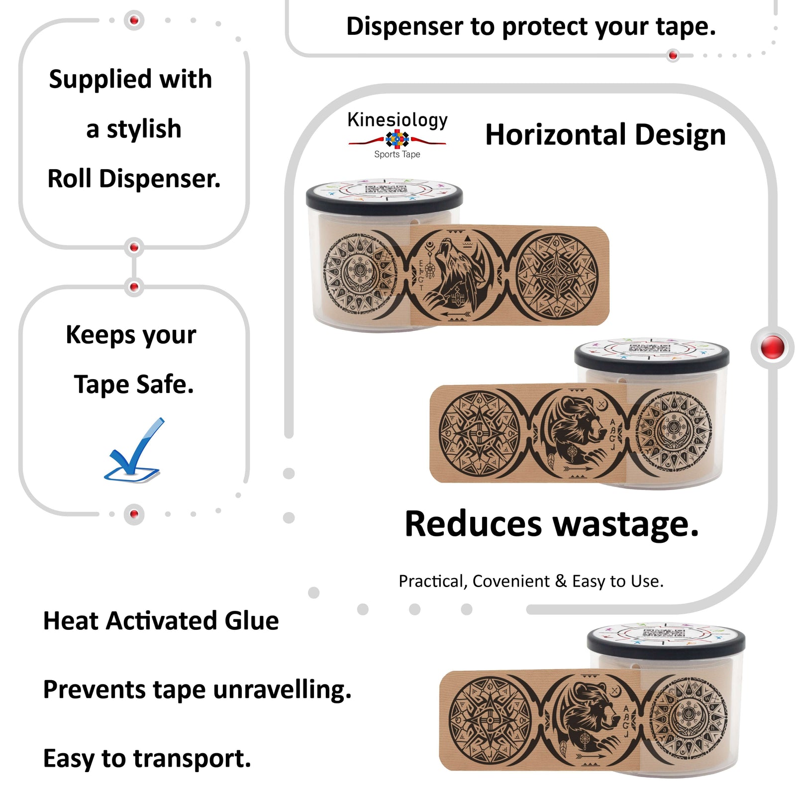 Beige Dreamcatcher Talisman kinesiology tape in its built-in roll dispenser, which keeps the tape safe and stops it unravelling – Kinesiology Sports Tape