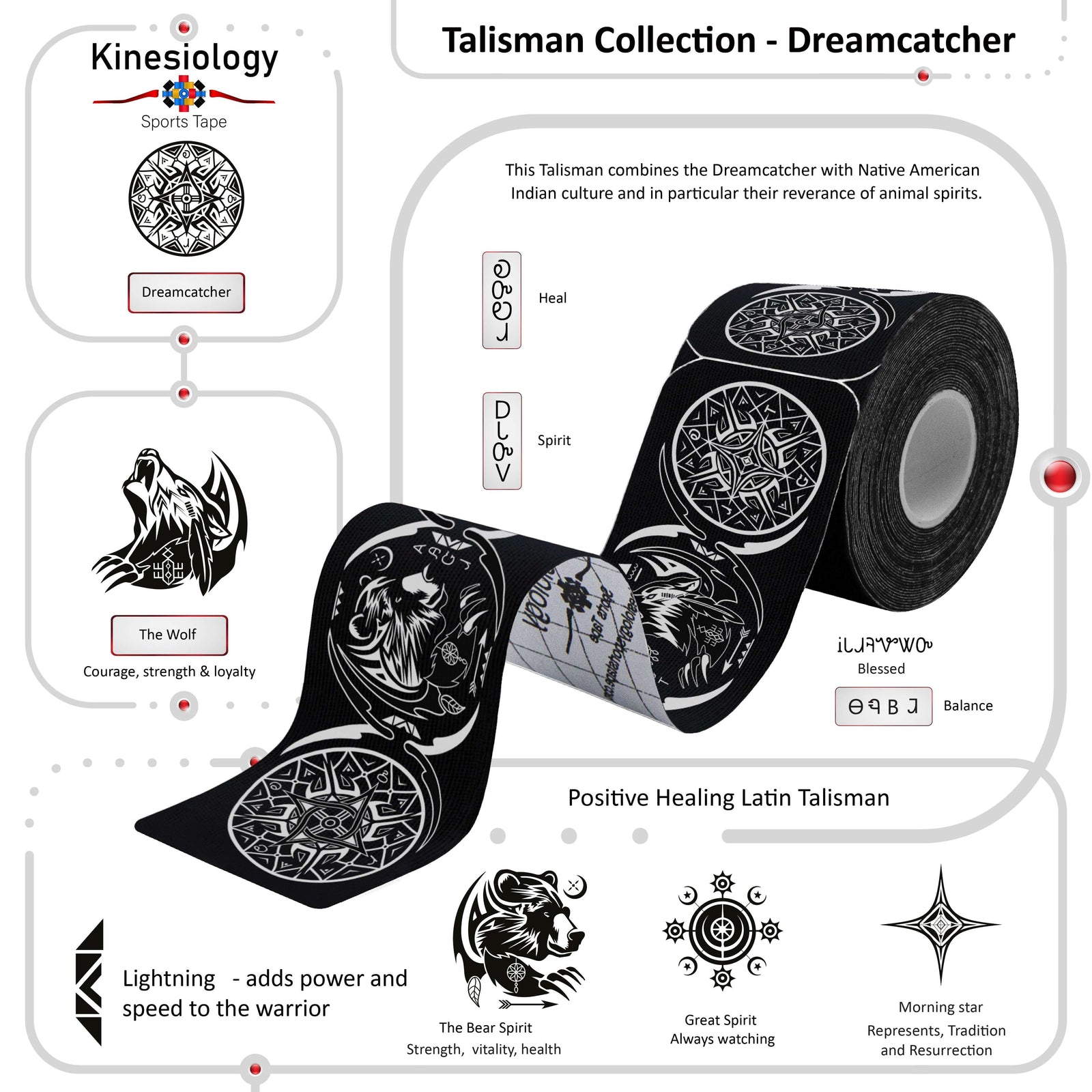 Roll of Black Dreamcatcher Talisman kinesiology tape with the meanings of its dreamcatcher and animal-spirit symbols explained – Talisman Collection, Kinesiology Sports Tape