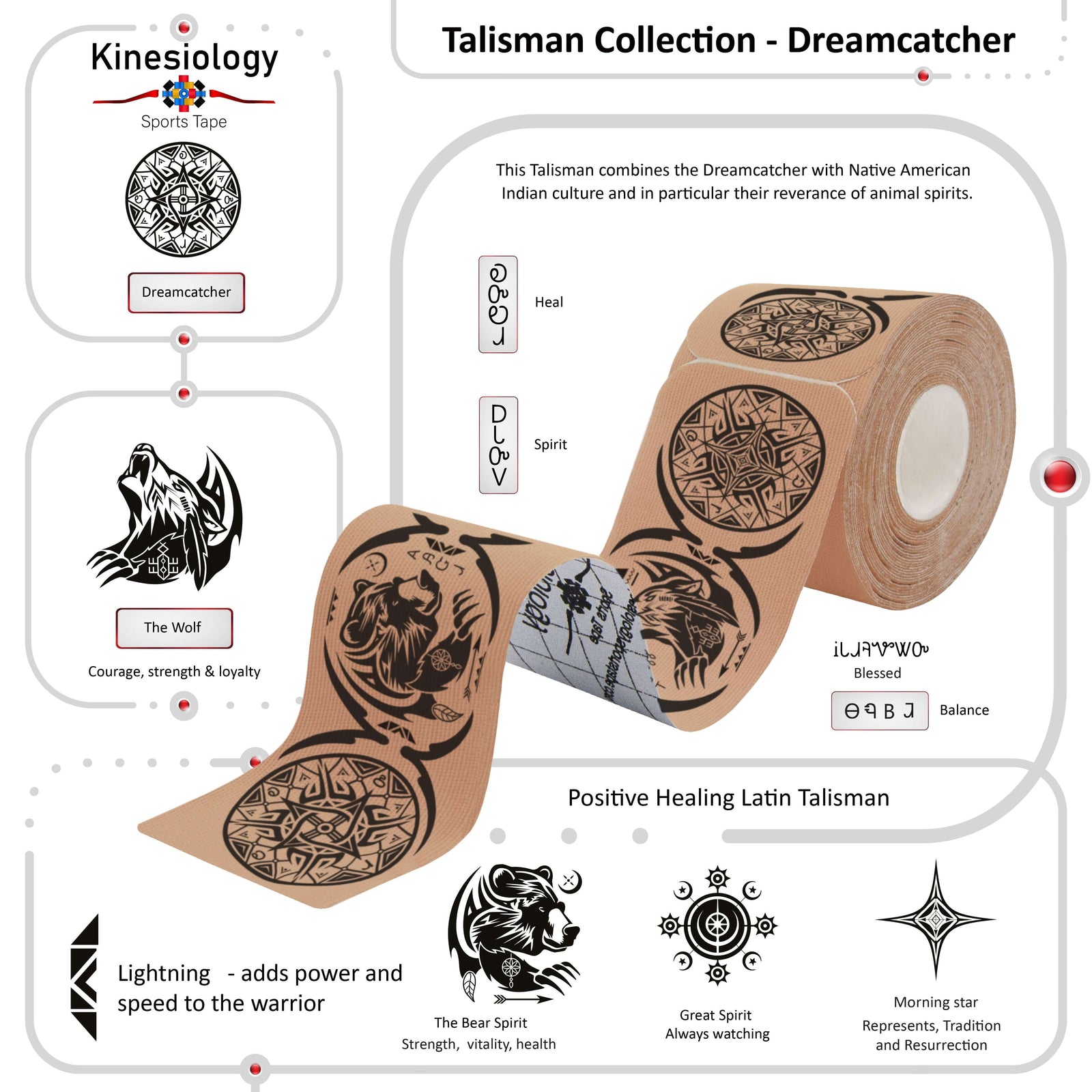 Roll of Beige Dreamcatcher Talisman kinesiology tape with the meanings of its dreamcatcher and animal-spirit symbols explained – Talisman Collection, Kinesiology Sports Tape
