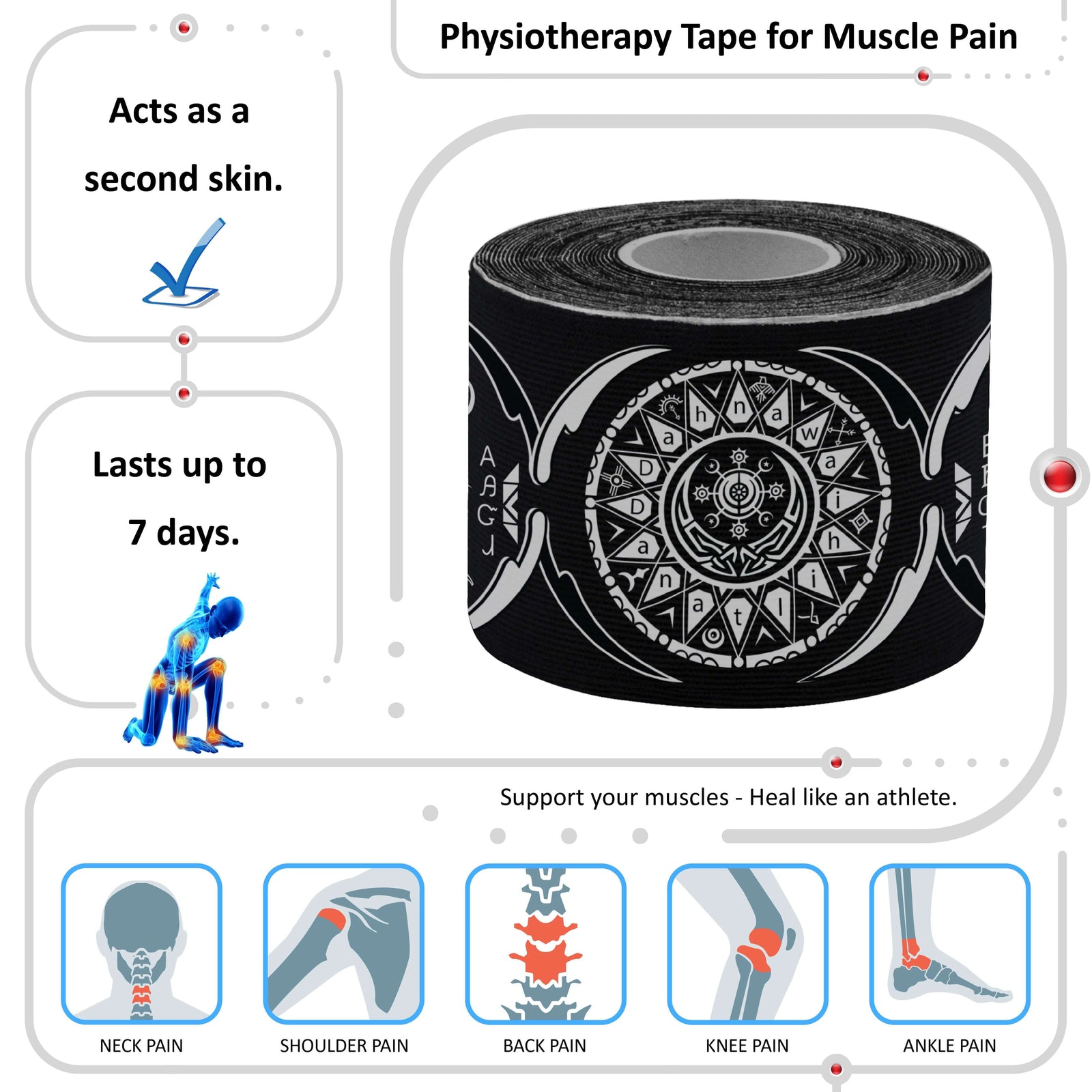 Roll of black Dreamcatcher Spirit Talisman kinesiology tape printed with eagle, thunderbird and white buffalo motifs, horizontal print – 20 pre-cut 5cm x 25cm strips per roll, latex-free 95% rayon and 5% spandex, acts as a second skin and lasts 5 to 7 days