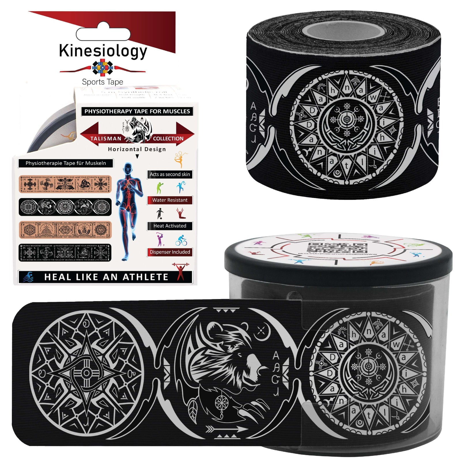 Black Dreamcatcher Talisman retail box with a pre-cut roll and a loose strip of the Dreamcatcher and Native American symbol print – Kinesiology Sports Tape